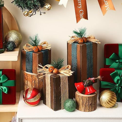 Miniatura 6 de 3 piezas de centros de mesa de Navidad, regalos de madera rústica de Navidad, bloques de imitación, decoración de mesa con bandeja escalonada con