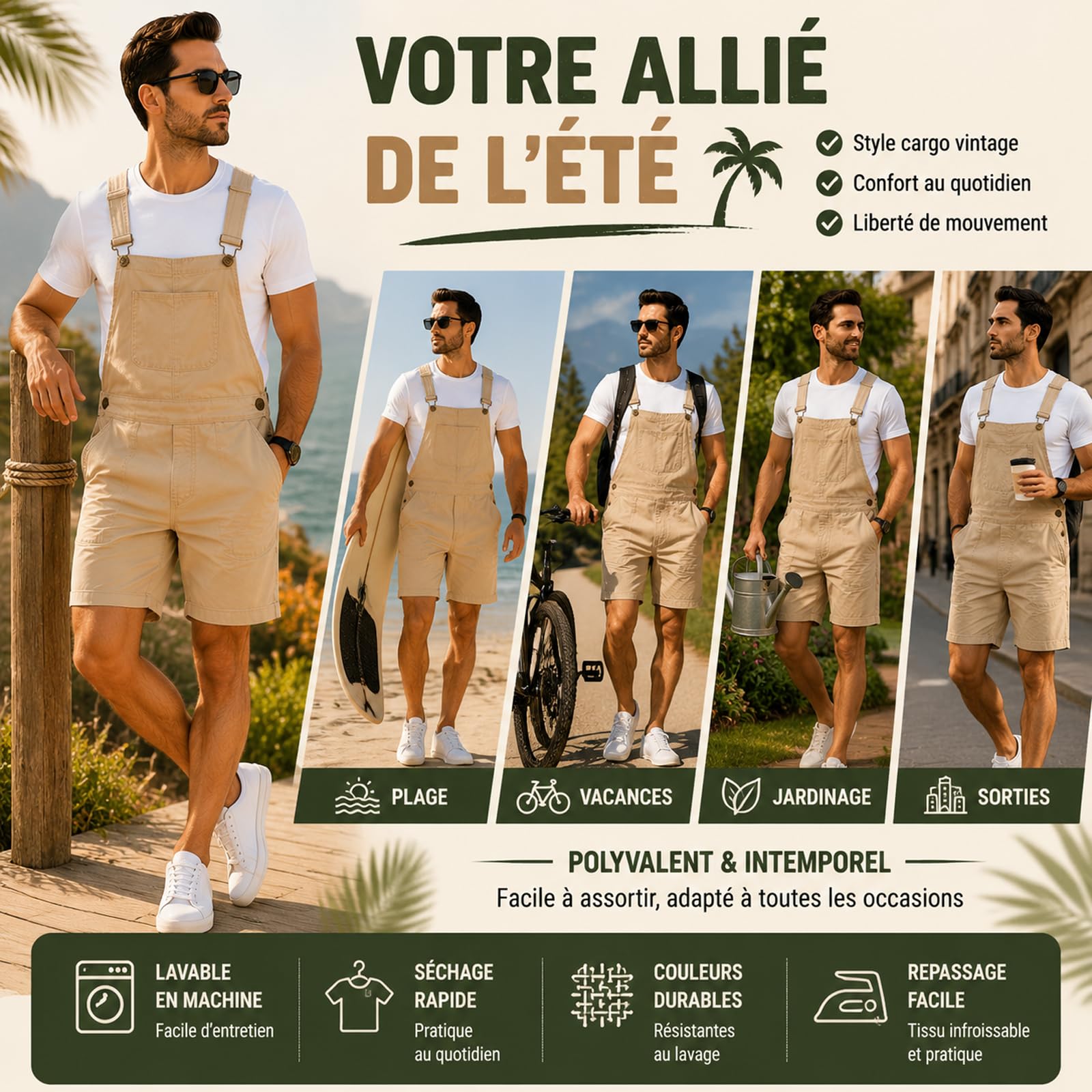 Générique Salopette Short Homme Été Cargo Ample Vintage Travail Poches