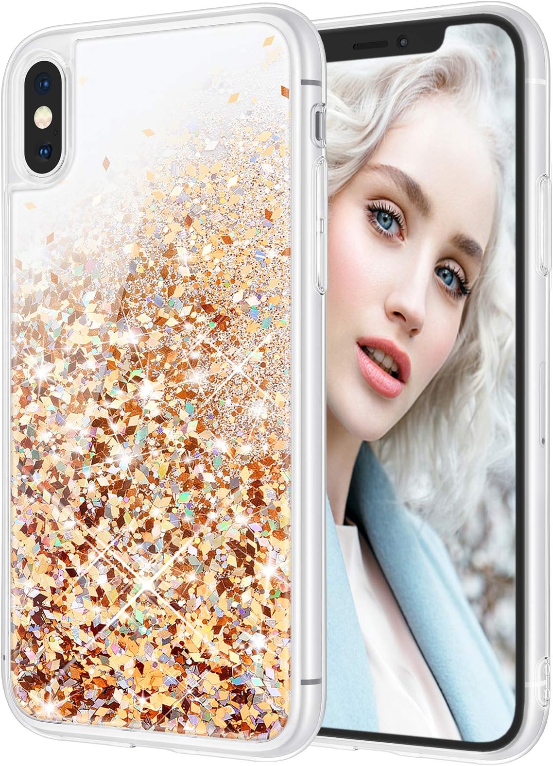 Maxdara Case for iPhone X iPhone Xs Glitter Case Liquid Flowing Luxury Bling Sparkle Glitter Shockproof Girls Women Case X XS 5.8 inches (Gold Silver)