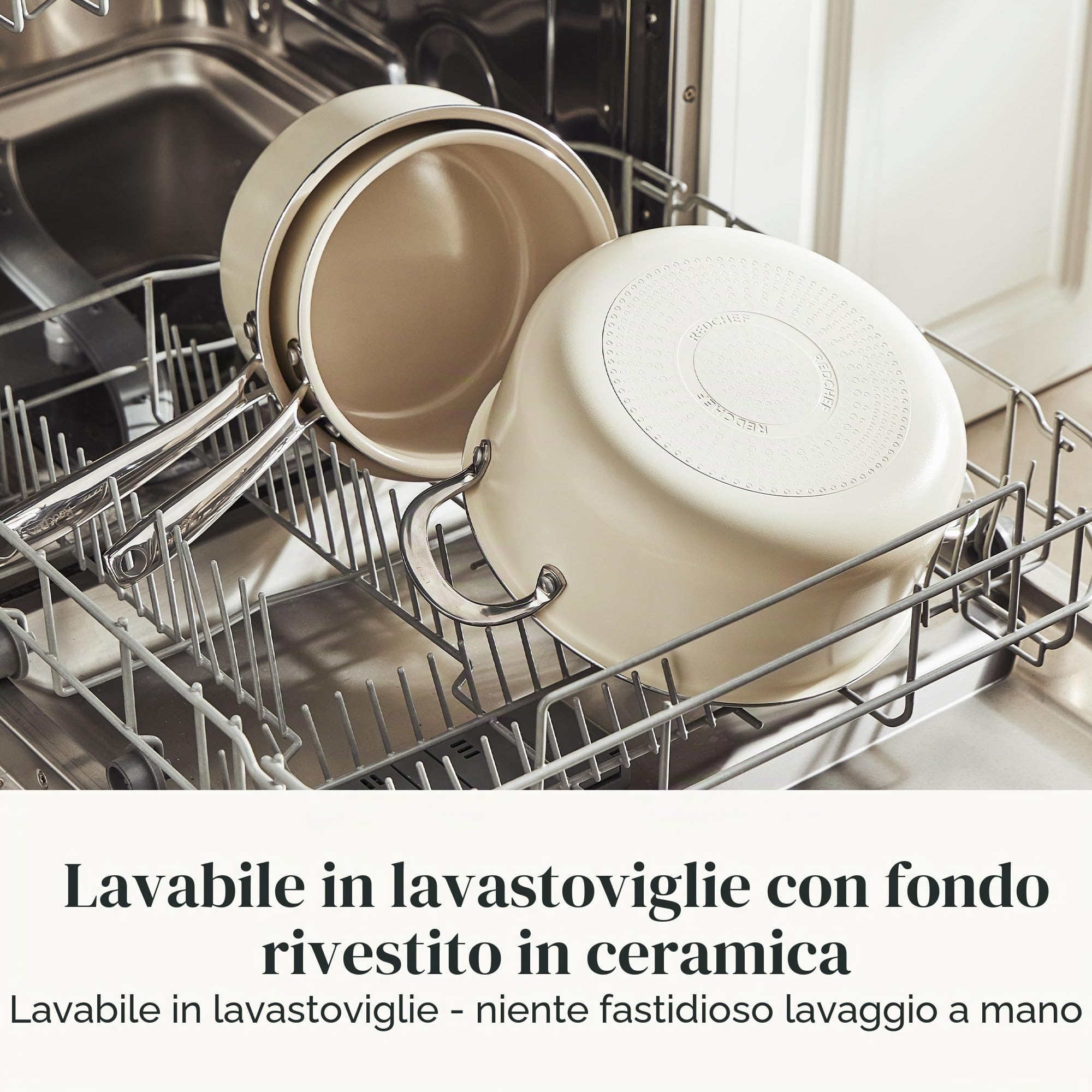 Redchef Set di pentole in ceramica 6 pezzi, compatibile induzione con coperchi in vetro, pentola 24 cm, casseruole 18/20 cm, adatto a tutti i piani cottura e forno, colore Beige