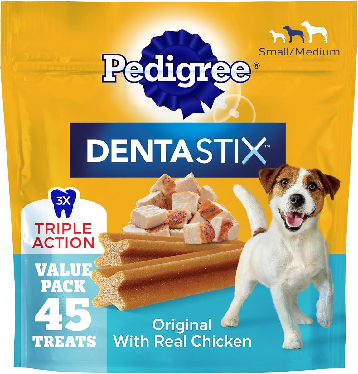 Dentastix Small & Medium Dental Dog Treats, Original, 45 Count | Original chicken flavor, Triple action dental care, reduces tartar, cleans teeth, freshens breath, for dogs 7-22 lbs