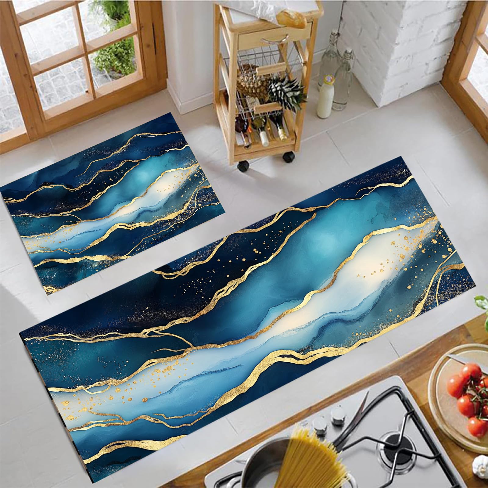 Alfombrillas de cocina antifatiga lavables de diseño abstracto azul