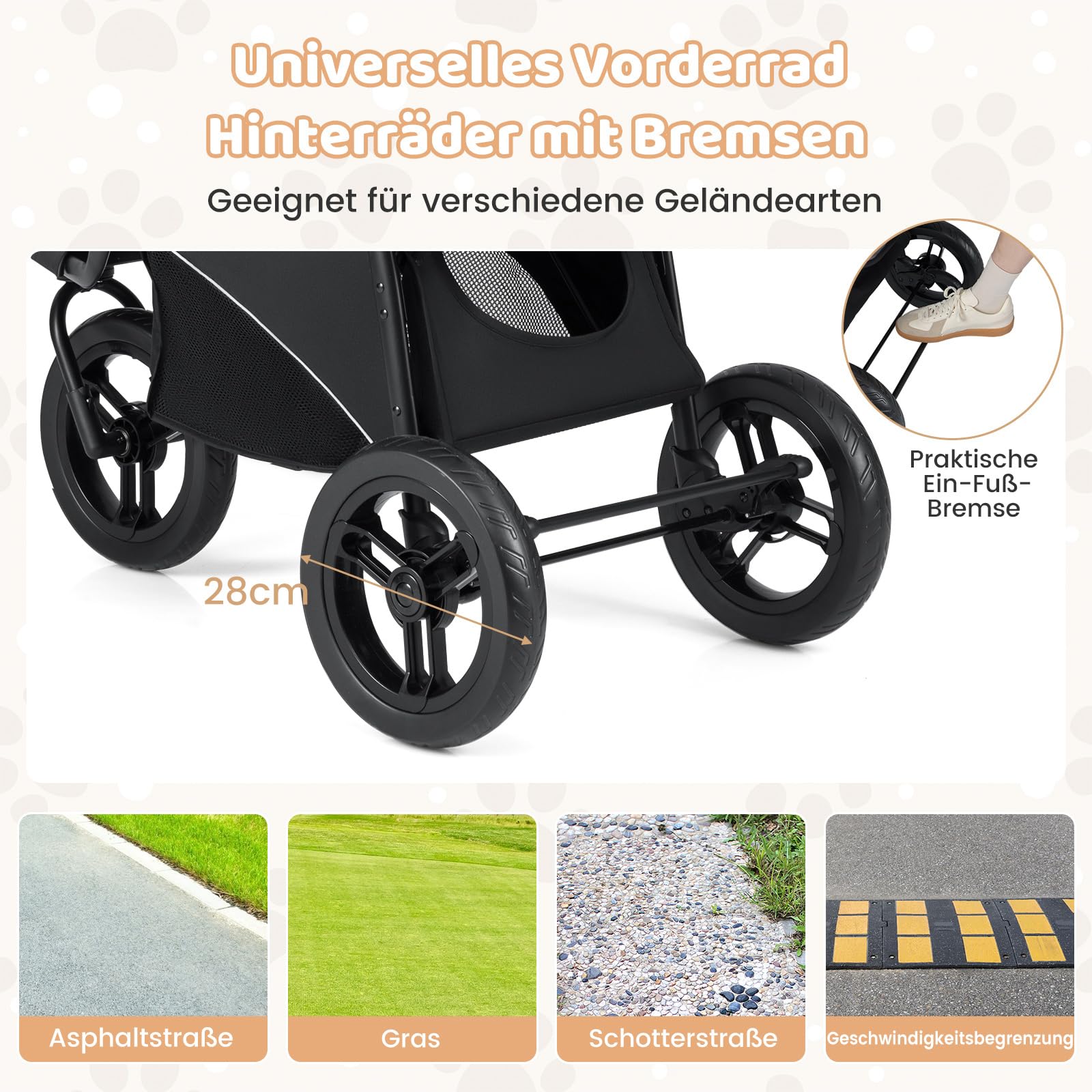COSTWAY Hundewagen klappbar, Hundebuggy bis 25 kg, Katzenwagen 3 Rad, Haustierwagen mit verstellbarem Sonnendach, Netzfenster, Korb & Polster, Haustierbuggy für Katzen Hunde (Grau)