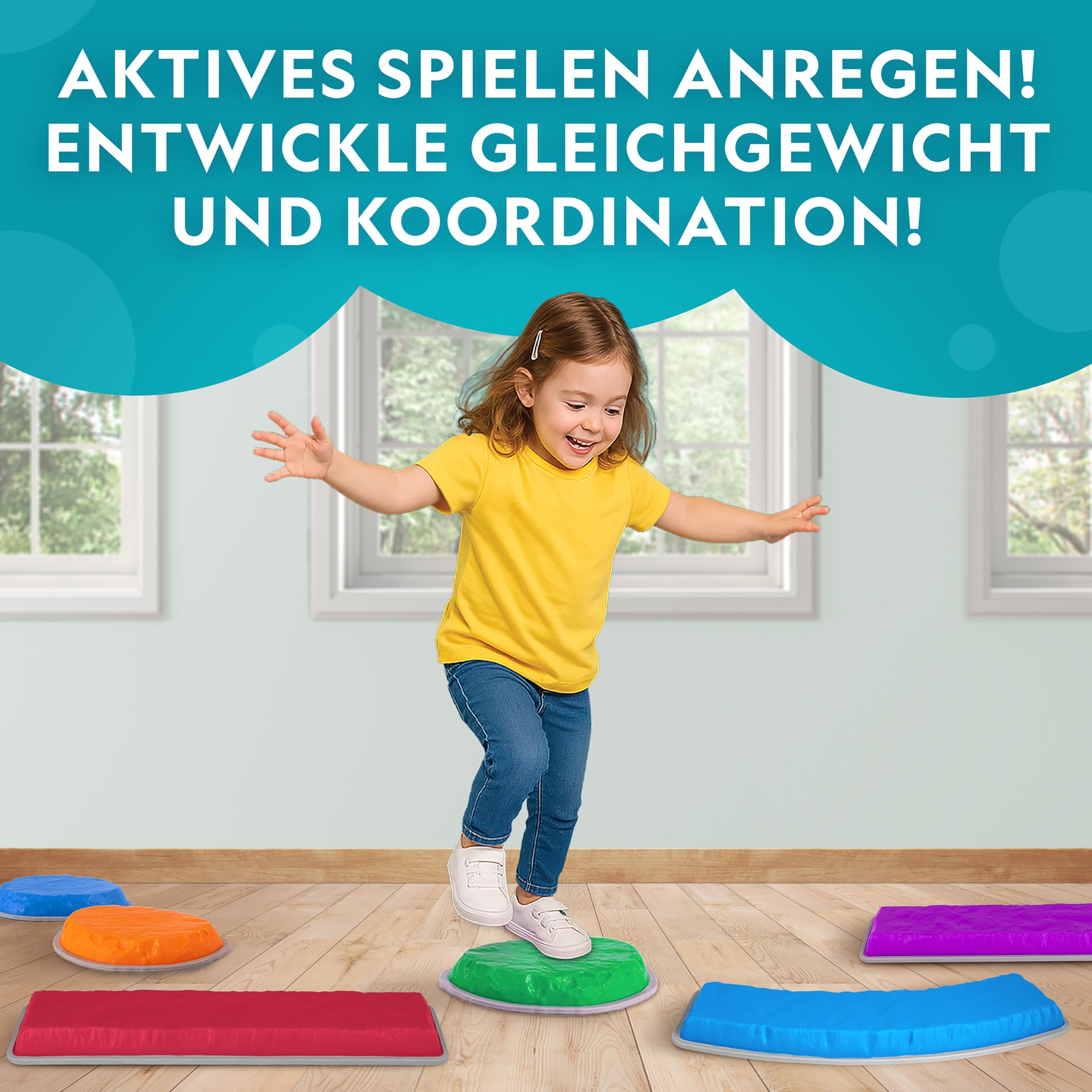 National Geographic Kids Balanciersteine & Balance-Balken – 12-teiliges Hindernisparcours-Set für Kinder ab 3 Jahren mit Schaumstoffwürfel, Play & Learn Karten & Rutschfester Gummibasis