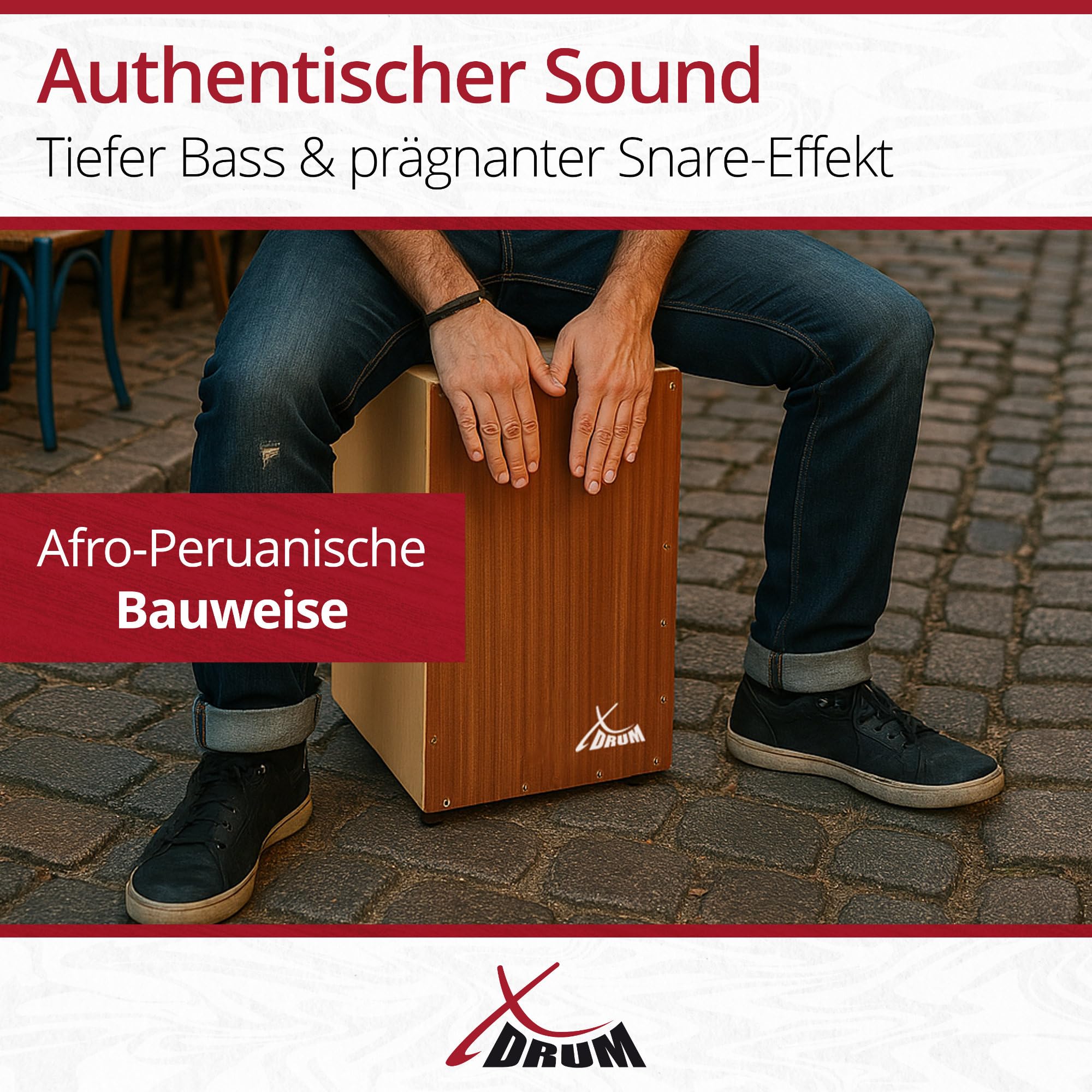 XDrum Cajon Primero Sapeli - Kistentrommel inkl. Rucksacktasche und Schule - Trommelkiste mit Snare Sound - Holz Drum Kiste mit Gigbag