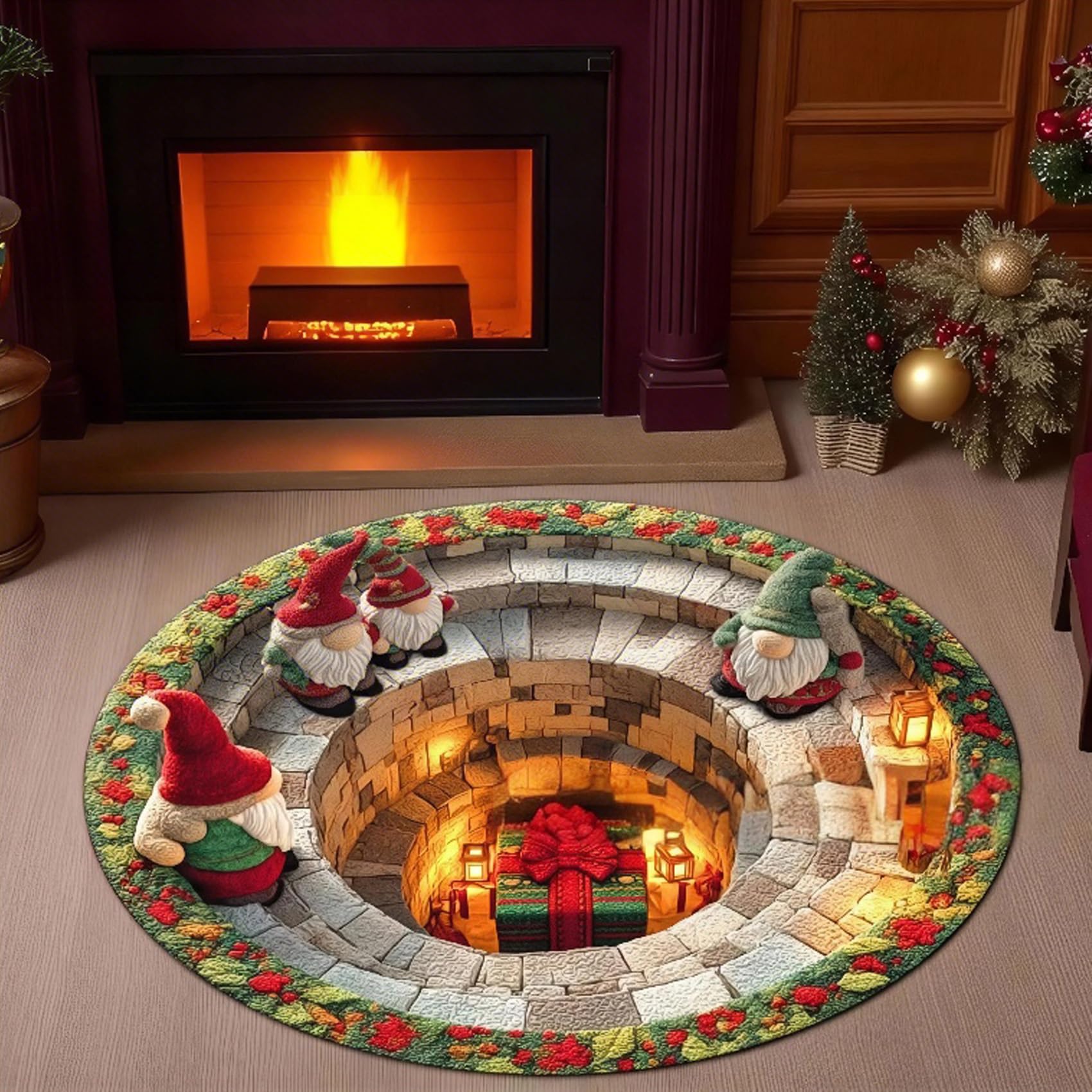 Juxdzishw F ,120*120,Christmas Decorations 3D Rug, Xmas Optical Illusion Rugs,Santa Claus Quilted Round Mat,Exquisite Non-Slip Rugs With Depth Pattern Or Holiday Entryway Living Room Bedroom Christmas Decor