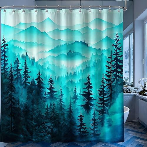 Miniatura 38 de Cortina de ducha azul marino de bosque Cortina de ducha azul oscuro de montaña y naturaleza para decoración de baño de hombres, tela impermeable con