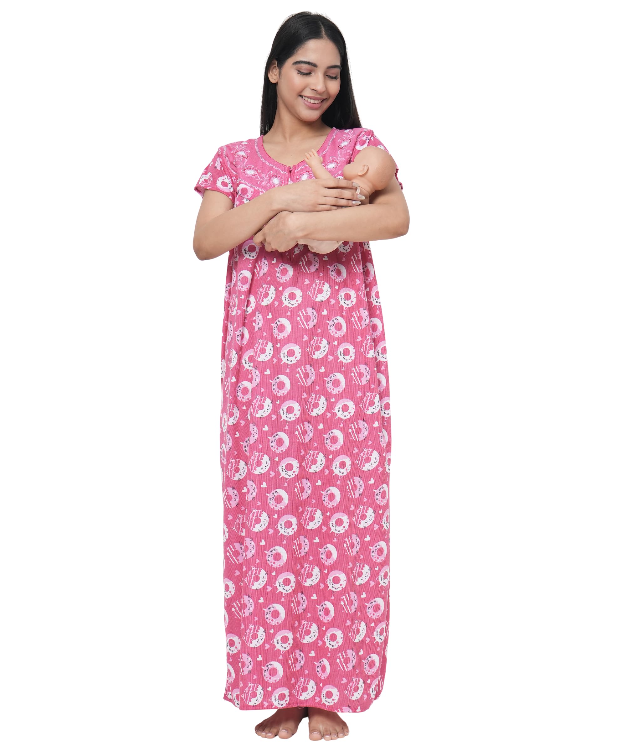 ️ Women's- Maternity | Feeding | Nursing | Nighty/Maxi/Gown- Poly Viscose Knits Fabric- Embroidery- Printed, Zip on Both Side of Bust-image-19
