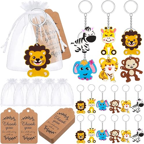 Juego de 180 llaveros de animales de la selva, recuerdos de fiesta de animales de safari con 60 llaveros de animales, 60 etiquetas de papel kraft de