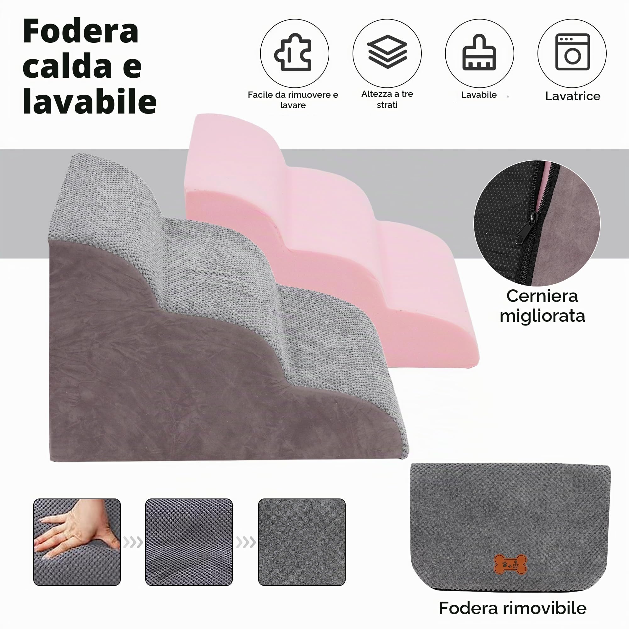 Scale per Cani a 3 Gradini, Scaletta per Cani Antiscivolo con Rivestimento Rimovibile e Lavabil, Scale per Animali Domestici in Spugna per Gatti per Divano Letto, 40 cm