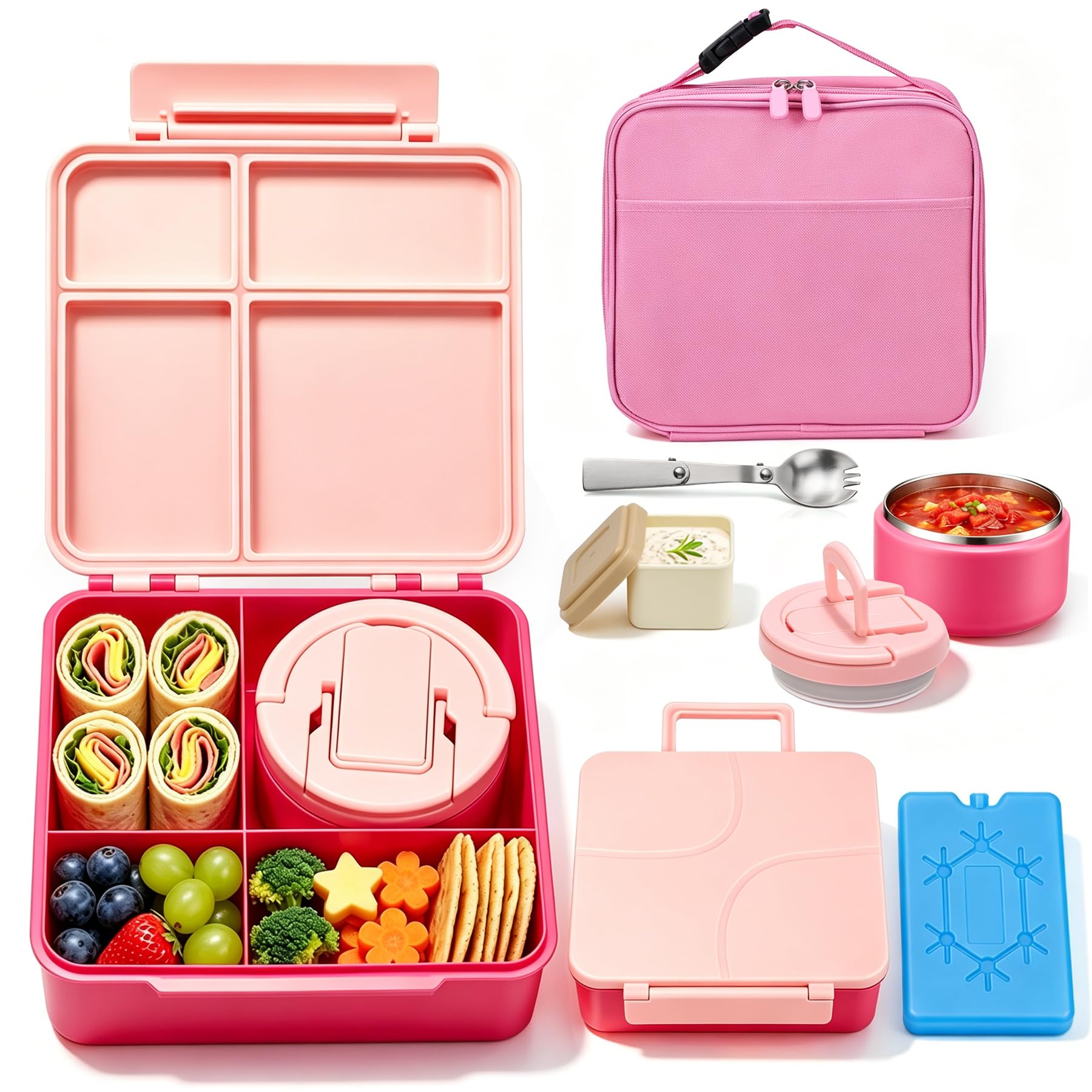 Bento-Lunchbox mit 237 ml Suppen-Thermo, auslaufsichere Lunch-Lebensmittelbehälter für Kinder mit 4 Fächern, Thermo-isoliertes Glas für heiße Lebensmittel und Lunchtasche für die Schule, Trvael-Pink
