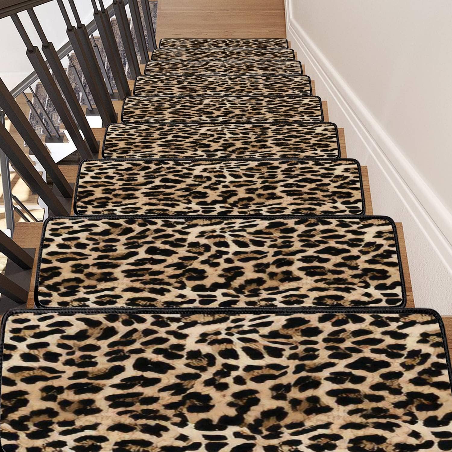 Stair Treads Seamless Leopard Texture Leopard Fur Animal Non-Slip Self Adhesive Step Carpet Runner Rug Stair Mats with Magic Tape for Indoor Outdoor Kids Dogs 30"x8"-13PCS