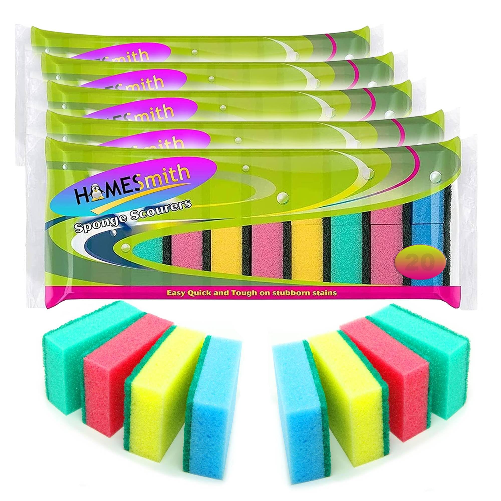 HOMESmith Dual Sided Dish Washing & Cleaning Sponges-Absorbent, Non-Scratch, Reusable Scourers-5 x 20 Packs, Foam, Mix Colours