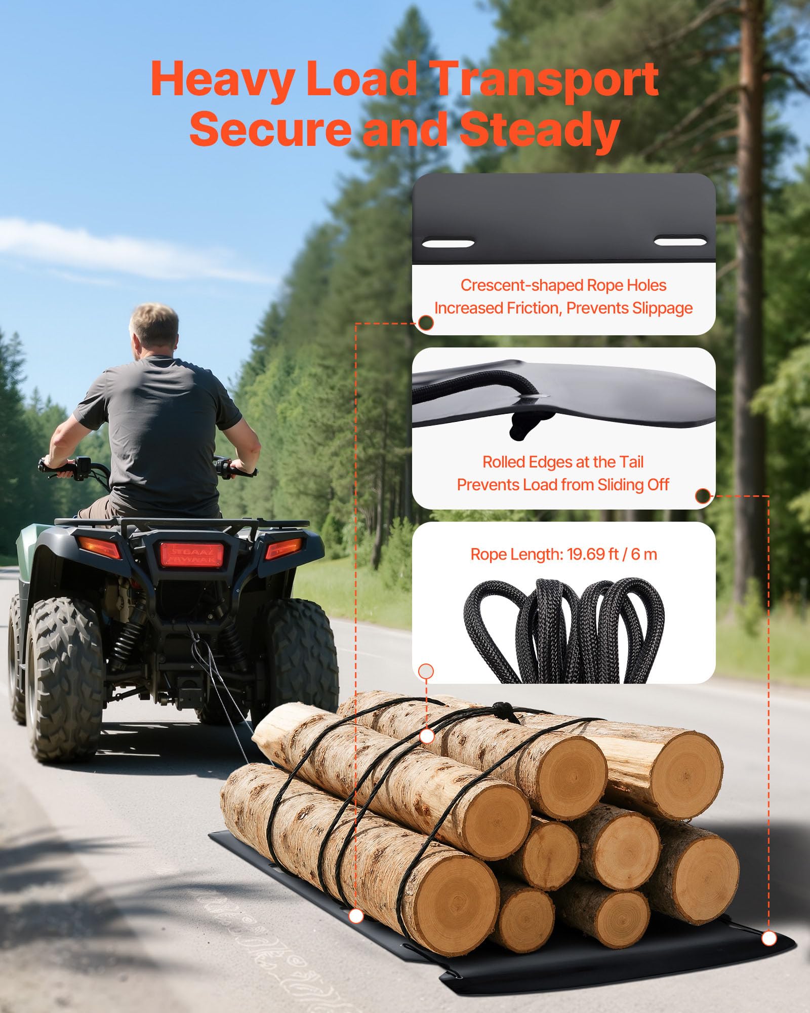 VEVOR Traîneau à Cerfs, 230x117,5 cm, Traîneau de Chasse Utilitaire PEHD, Charge 680 kg, Traction Manuelle, Remorquage Compatible VTT UTV Tracteur, Tapis Transporteur pour Jardin, Pêche Glace, Bois