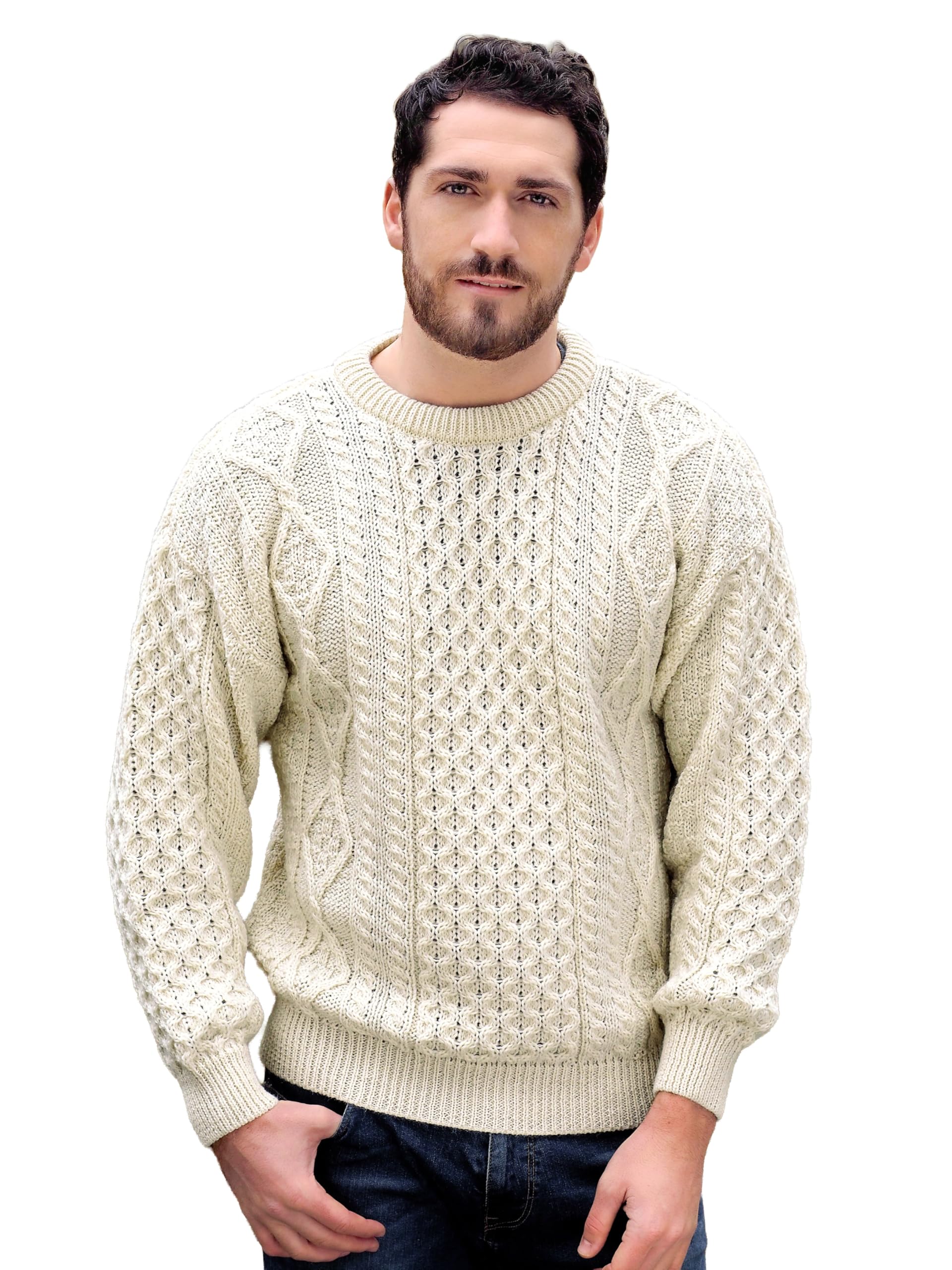 Aran Crafts Irish Soft Cable Knitted Crew Neck Unisex Sweater (100% Pure New Wool)