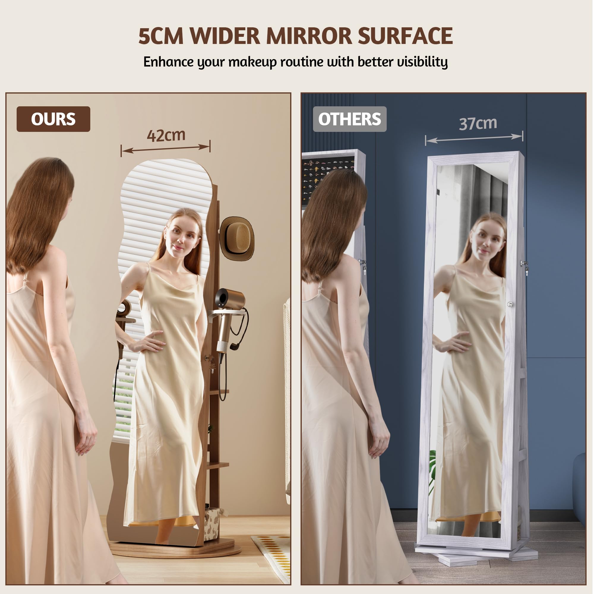 LVSOMT Armoire à bijoux LED avec Miroir Ondulé, Rotative à 360° Armoire à bijoux Verrouillable, Armoire Miroir Debout pour Salon et Chambre à coucher, étagère à 3 niveaux et 3 crochets, Bois Naturel