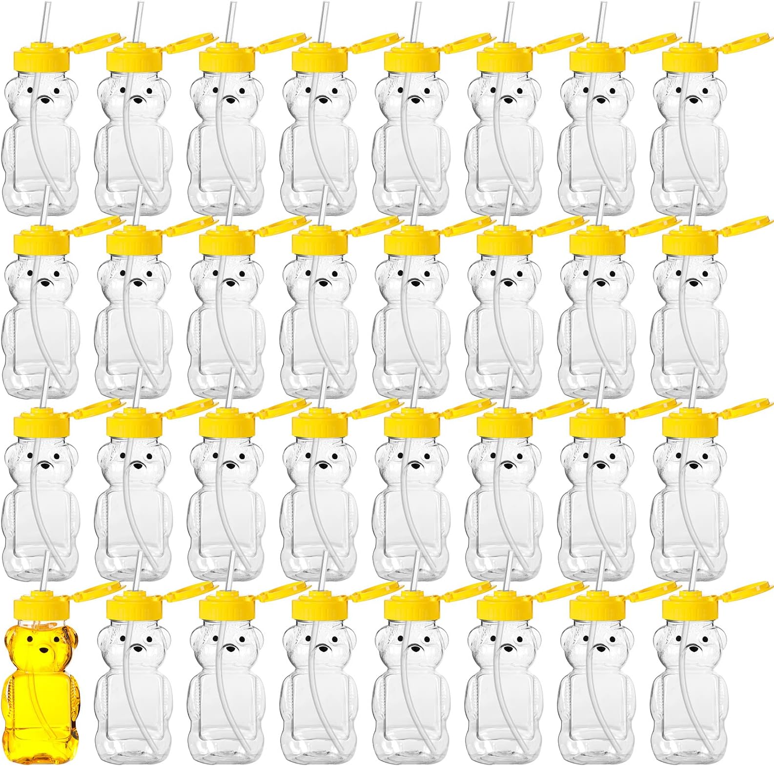 Thenshop 32 Pack Honey Bear Bottle with Straws Empty Plastic Cup Honey Jar Containers Bear Shaped Squeeze Bottle Storing and Dispensing Yellow Flip Top Lid Assistive Cups(6oz)