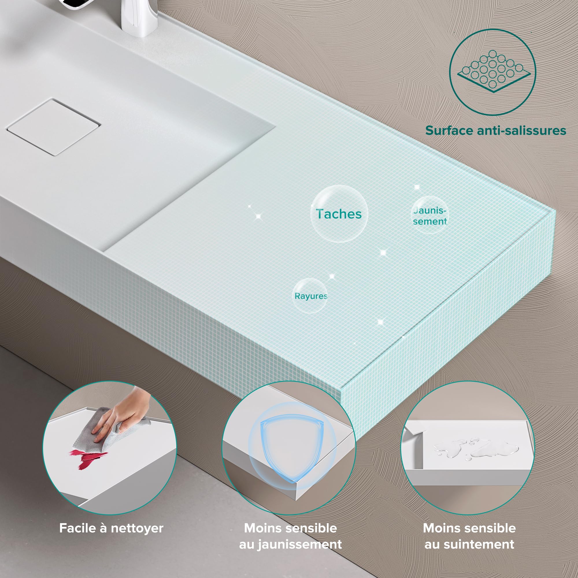 doporro Lavabo Bagno Sospeso 120 cm Rettangolare in Resina Bianco Opaco con Vasca Integrata Centrale e Piletta Inclusa – Colossum630
