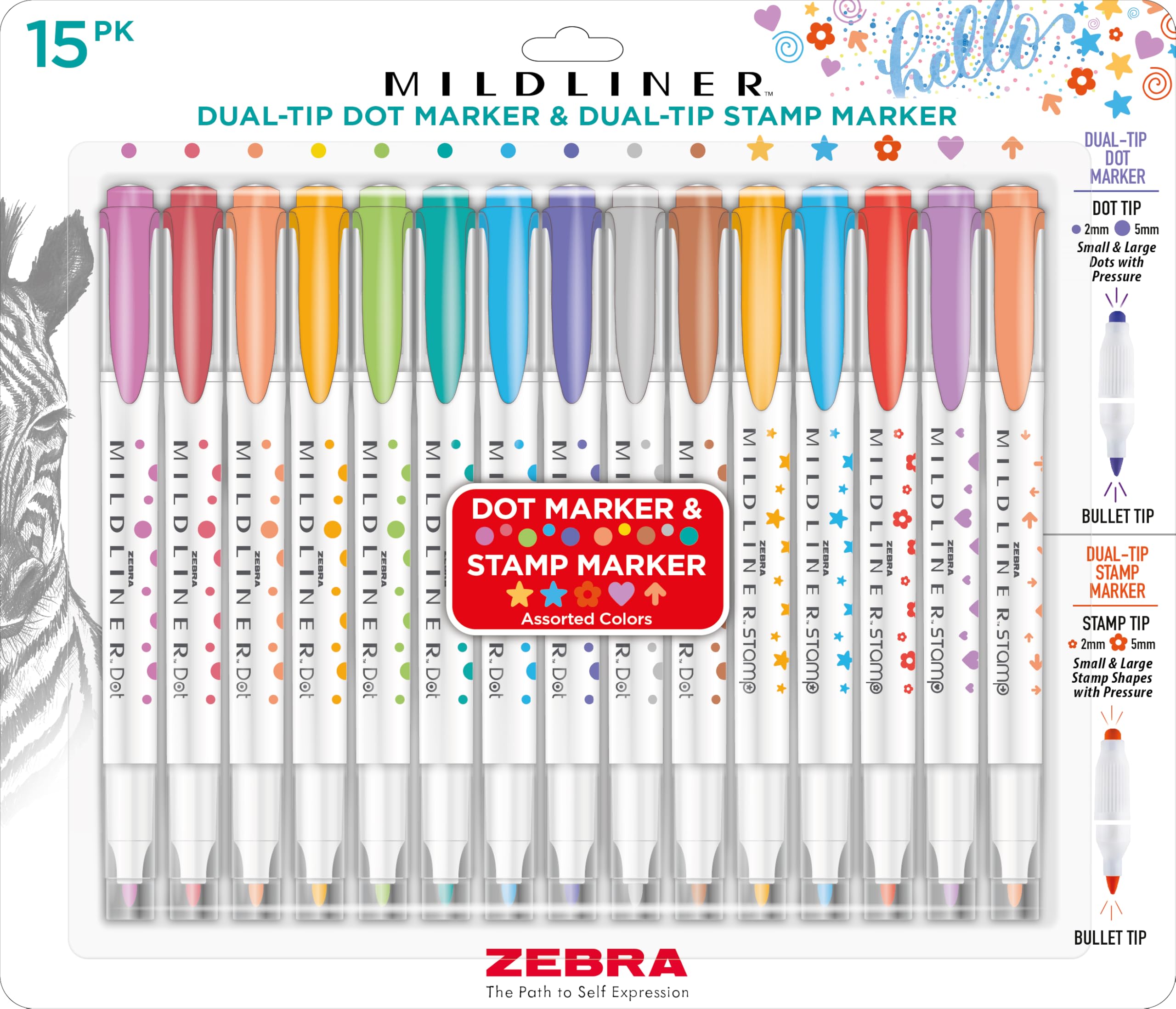 Zebra Pen Mildliner 73315 Double Tip Marker, Water Based Pigment Ink, Extra Fine Bullet & Assorted Shapes, Assorted Colours, Pack of 15