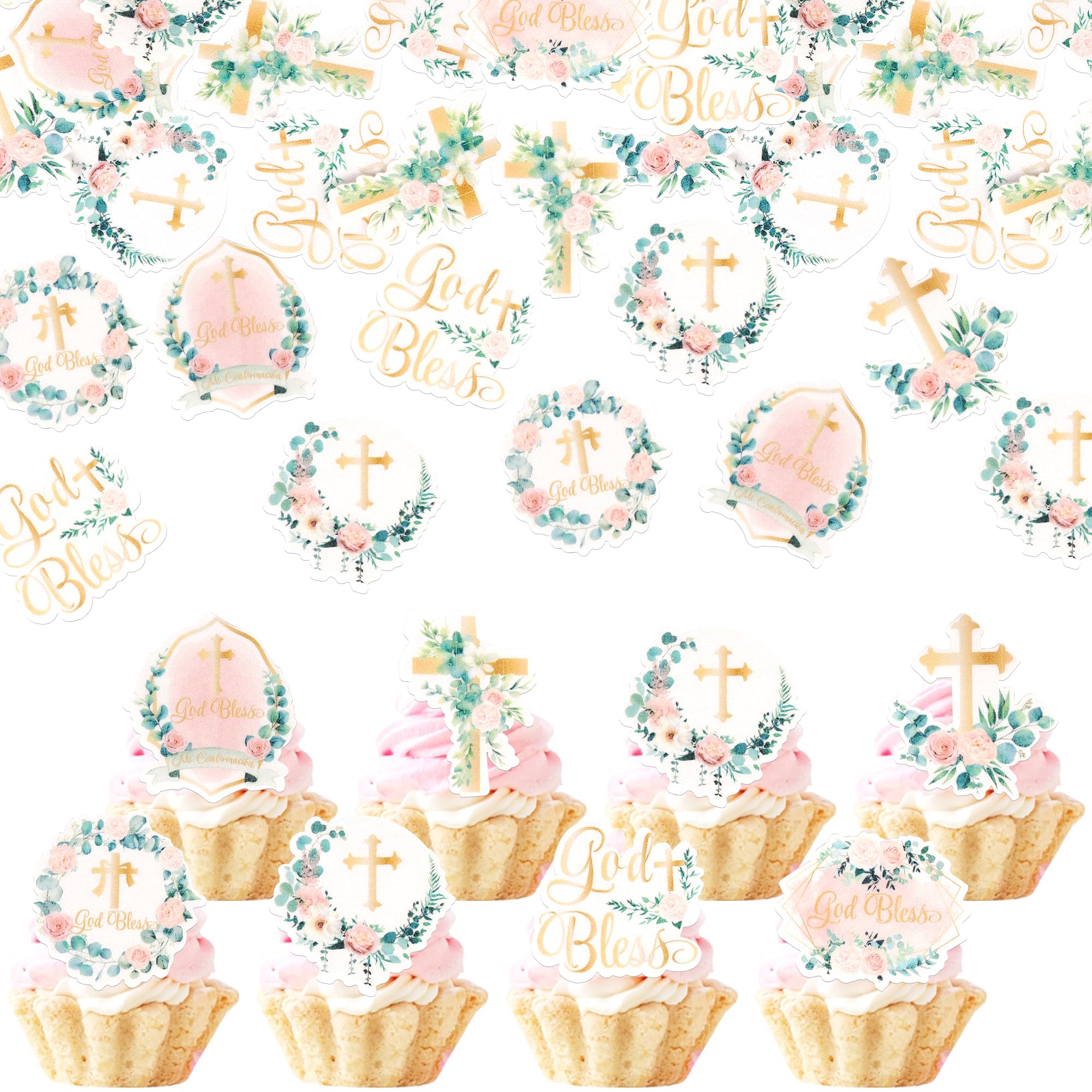 63 PCS Edible God Bless Cupcake Toppers Edible Wafer Paper First Communion Cupcake Picks Gold Cross Baptism Cake Decorations for God Bless Theme Baby