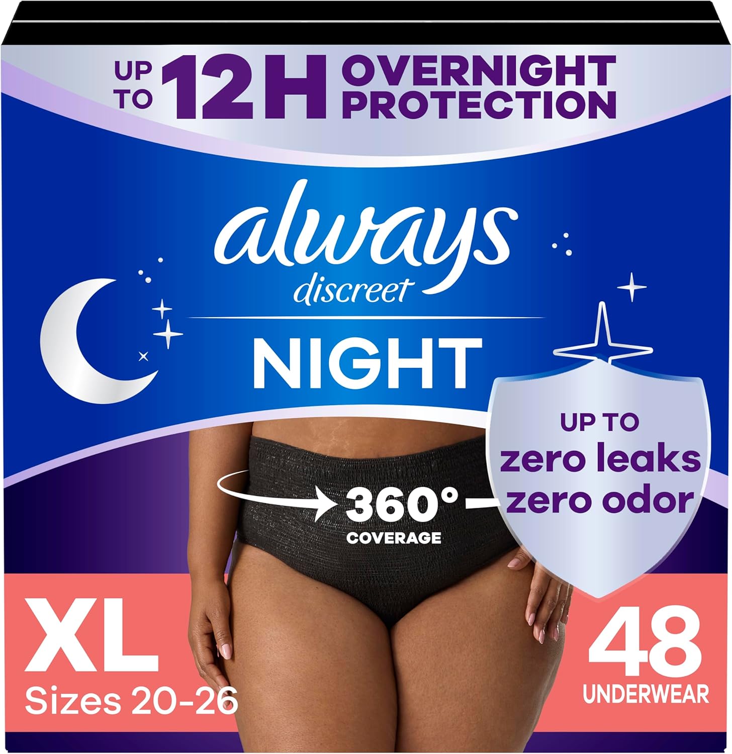 Always Discreet Adult Incontinence Overnight Underwear for Women, Extra Large, Up to 100% Bladder Leak Protection, 48 Count (3 Packs of 16) X-Large 48