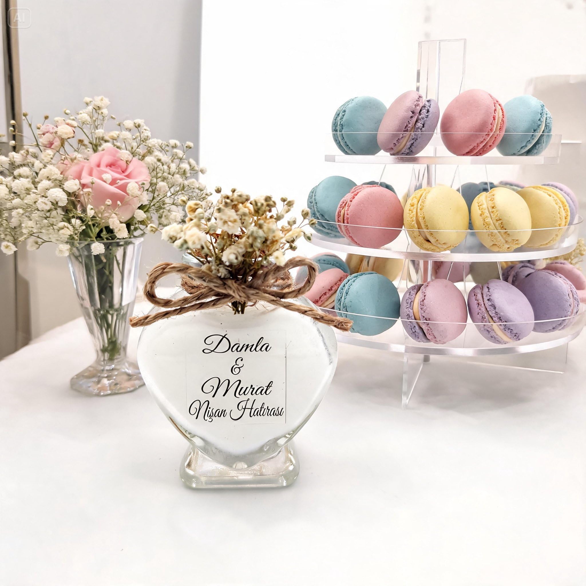 Lot de 30 bougies en verre en forme de cœur avec autocollant personnalisé et fleurs séchées, cadeaux de fête prénatale (blanc)