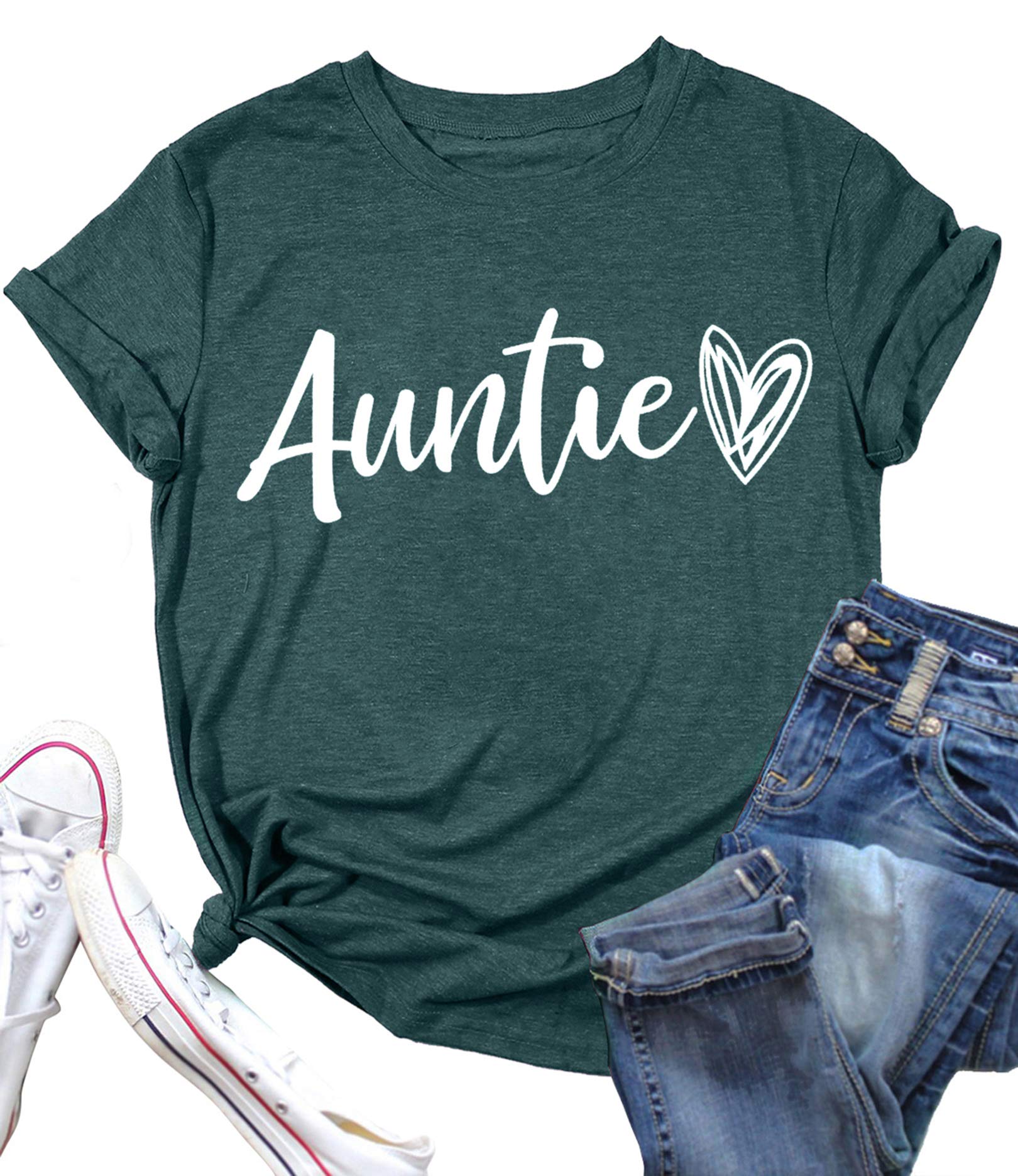Auntie T Shirt Women Cute Love Heart Print Bless Aunt Tops Tees Casual Short Sleeve Vacation Shirts Tops