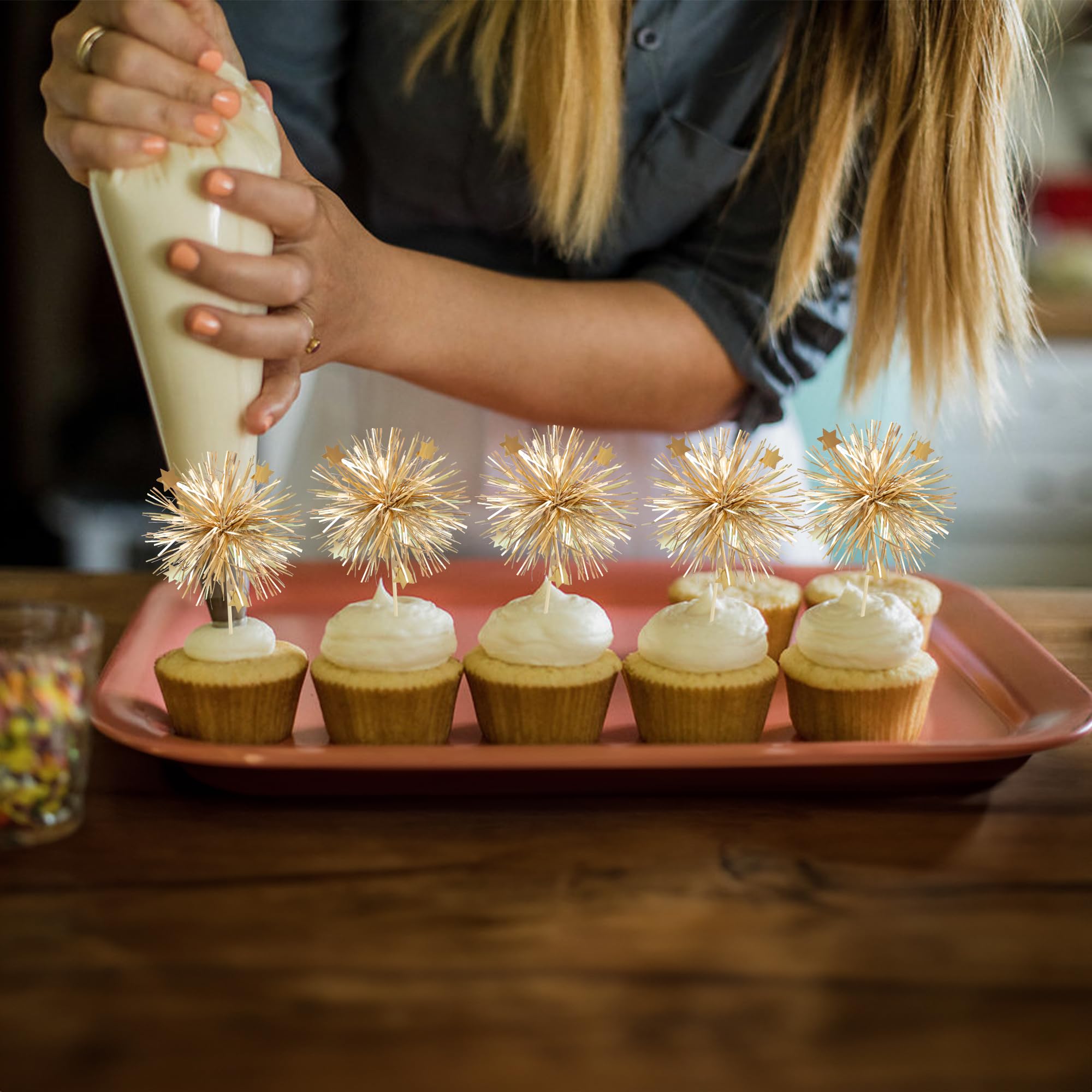 40 Pcs Firework Cupcake Toppers – Sparkly Tinsel Cake Decorations For Birthdays, Weddings, Parties