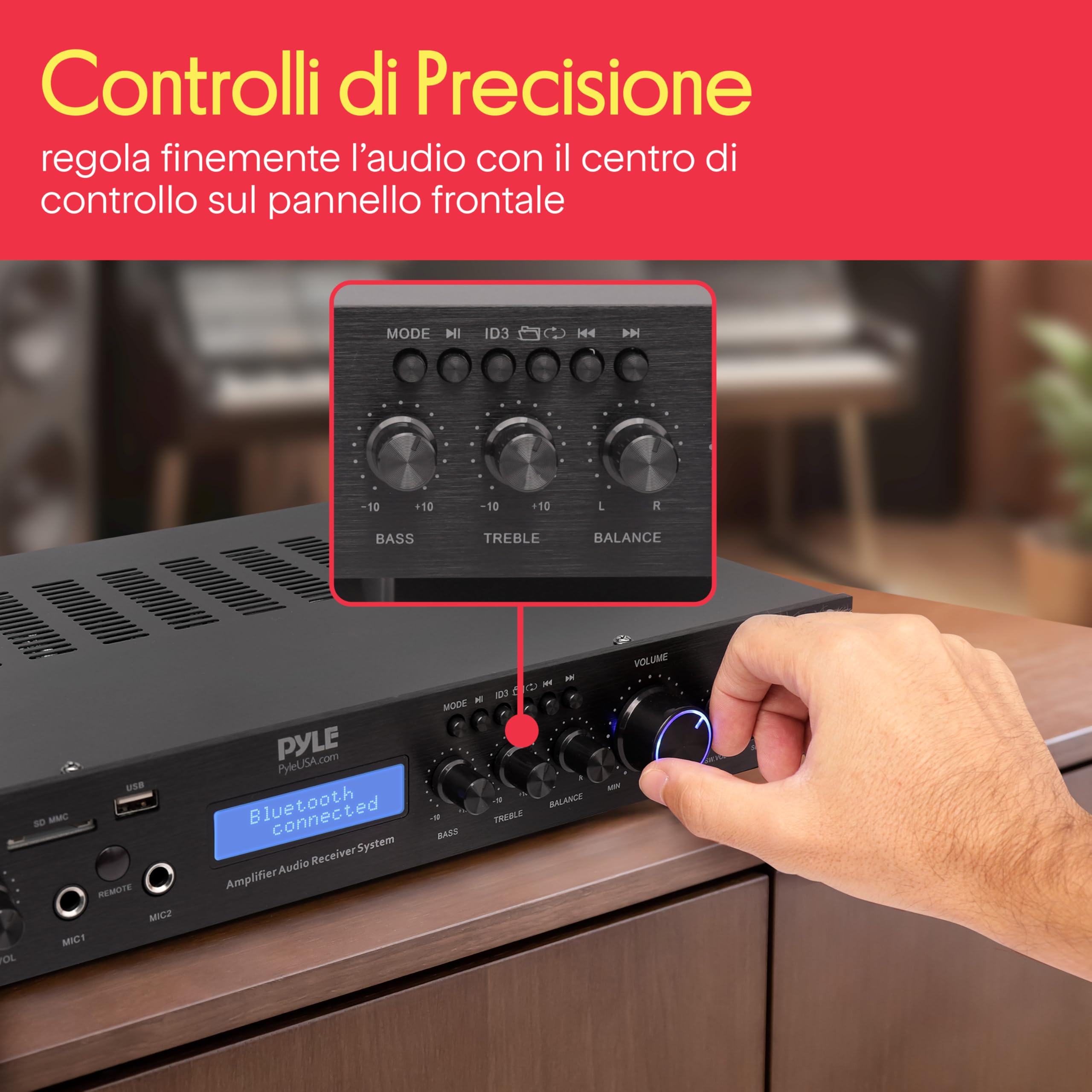 Pyle Ricevitore Bluetooth a 5 Canali, Amplificatore Audio per Home Theater, Streaming senza Fili, MP3/USB/SD/AUX/FM, 200 Watt, Display LCD ID3, Nero