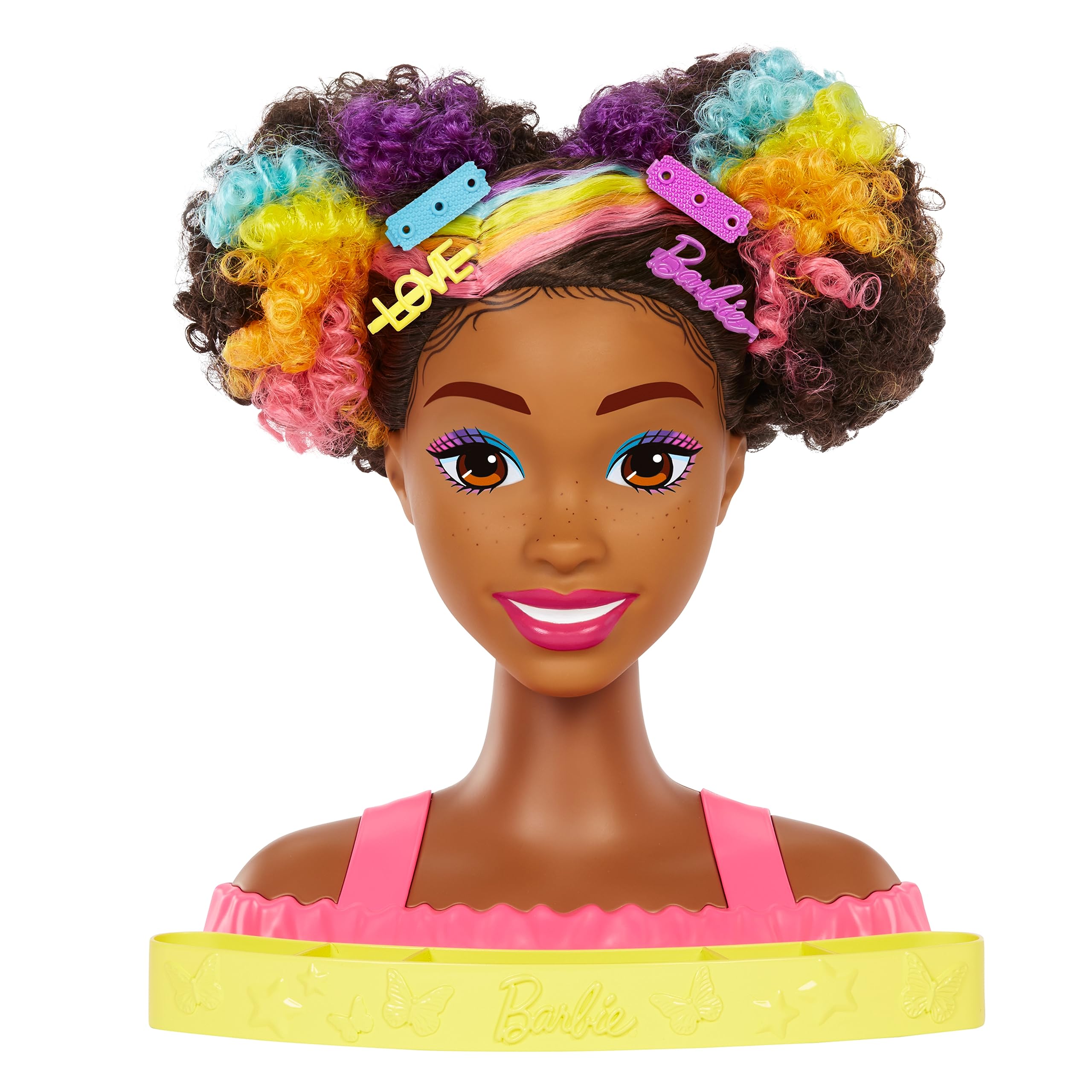 Barbie Głowa do stylizacji Neonowa tęcza Kręcone włosy z neonowo-tęczowymi pasemkami + akcesoria Color Reveal, HMD79