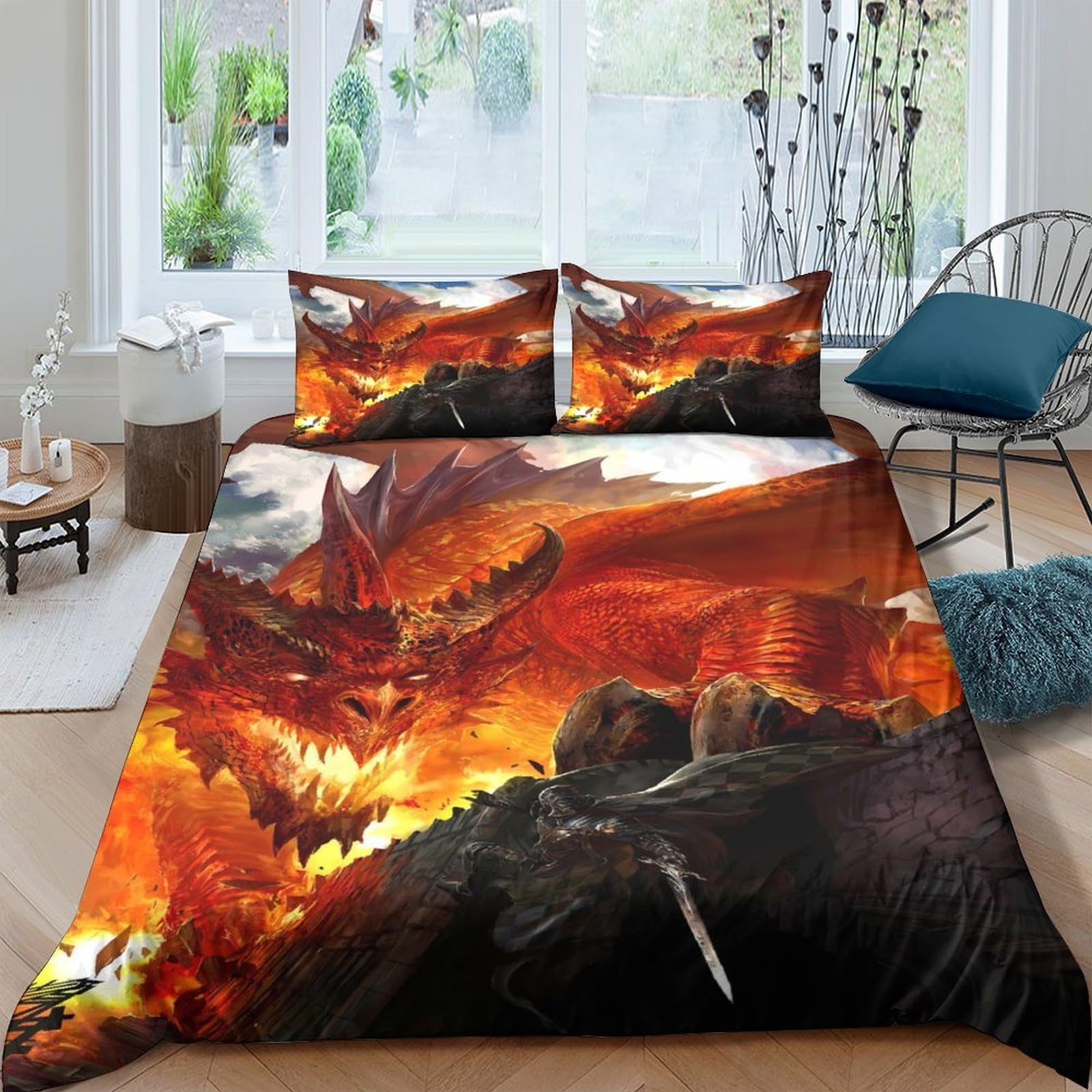 Ctjqhvkz Style-1 3D Printed Fire Dragon Fitted Sheet Microfiber Soft Orange Red Fantasy Bedding Bed Cover For Bedroom Dorm Easy Care Single（135X200cm）