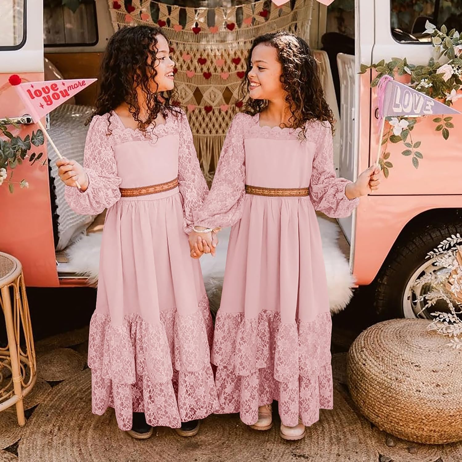 MITILLY Girls Boho Long Sleeve Backless Lace Flower Square Neck Tiered Ruffle Swing Party Maxi Dress - Image 4