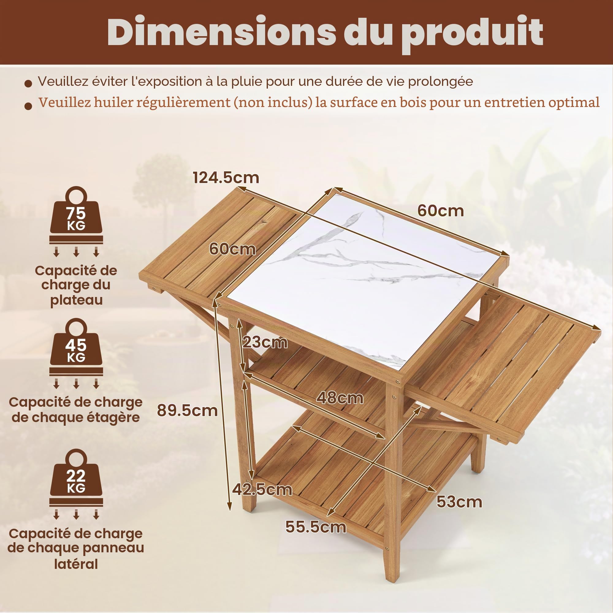 GOPLUS Table de Barbecue Extérieure en Bois d'Acacia, Desserte Plancha avec Dessus en Résine Faux Marbre, 2 Plateaux Rabattables, 2 Étagères Ouvertes, pour Jardin, Terrasse, 124,5 x 60 x 89,5 cm