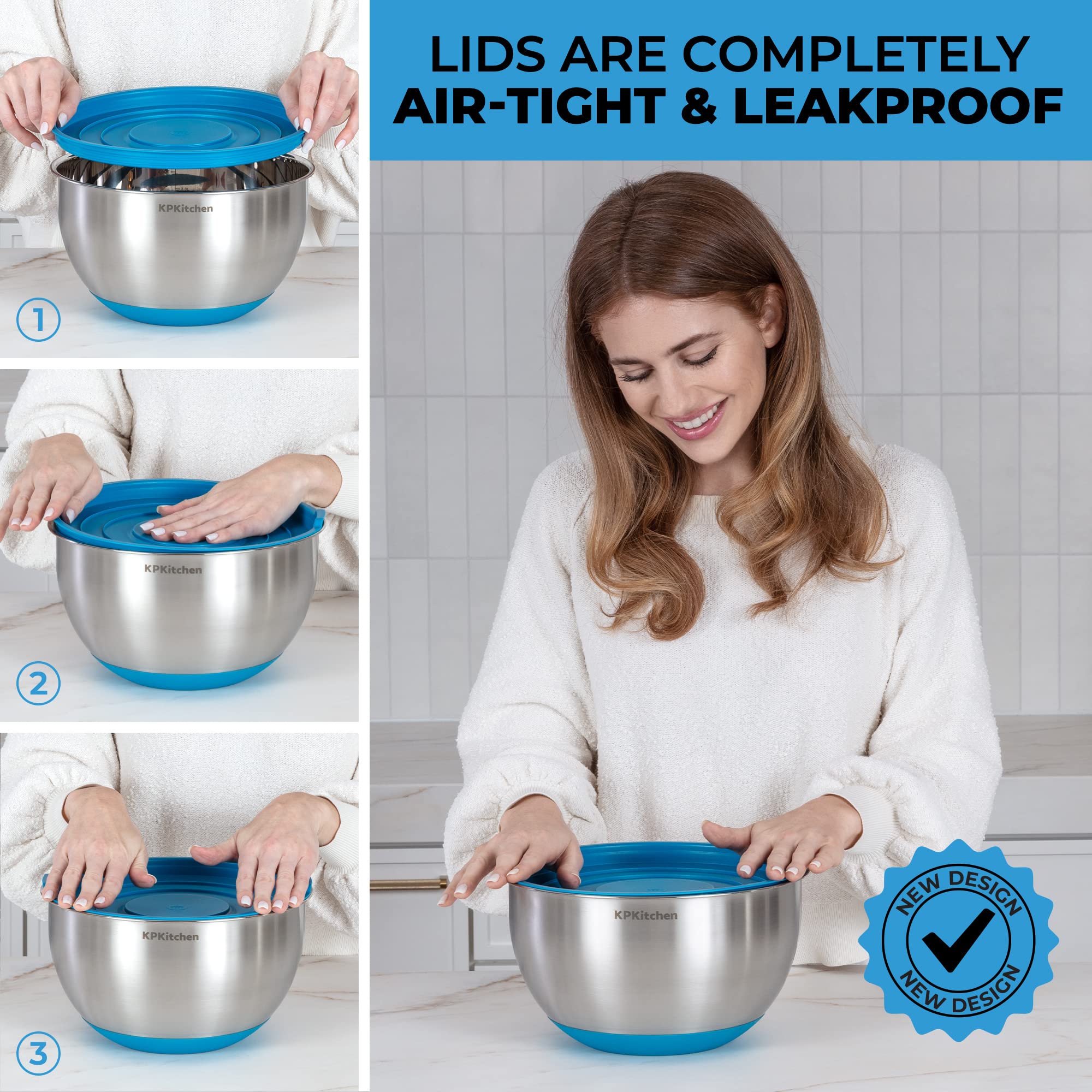KPKitchen Cuencos para mezclar de acero inoxidable con tapas herméticas (juego de 5) – Cuencos anidados para ahorrar espacio