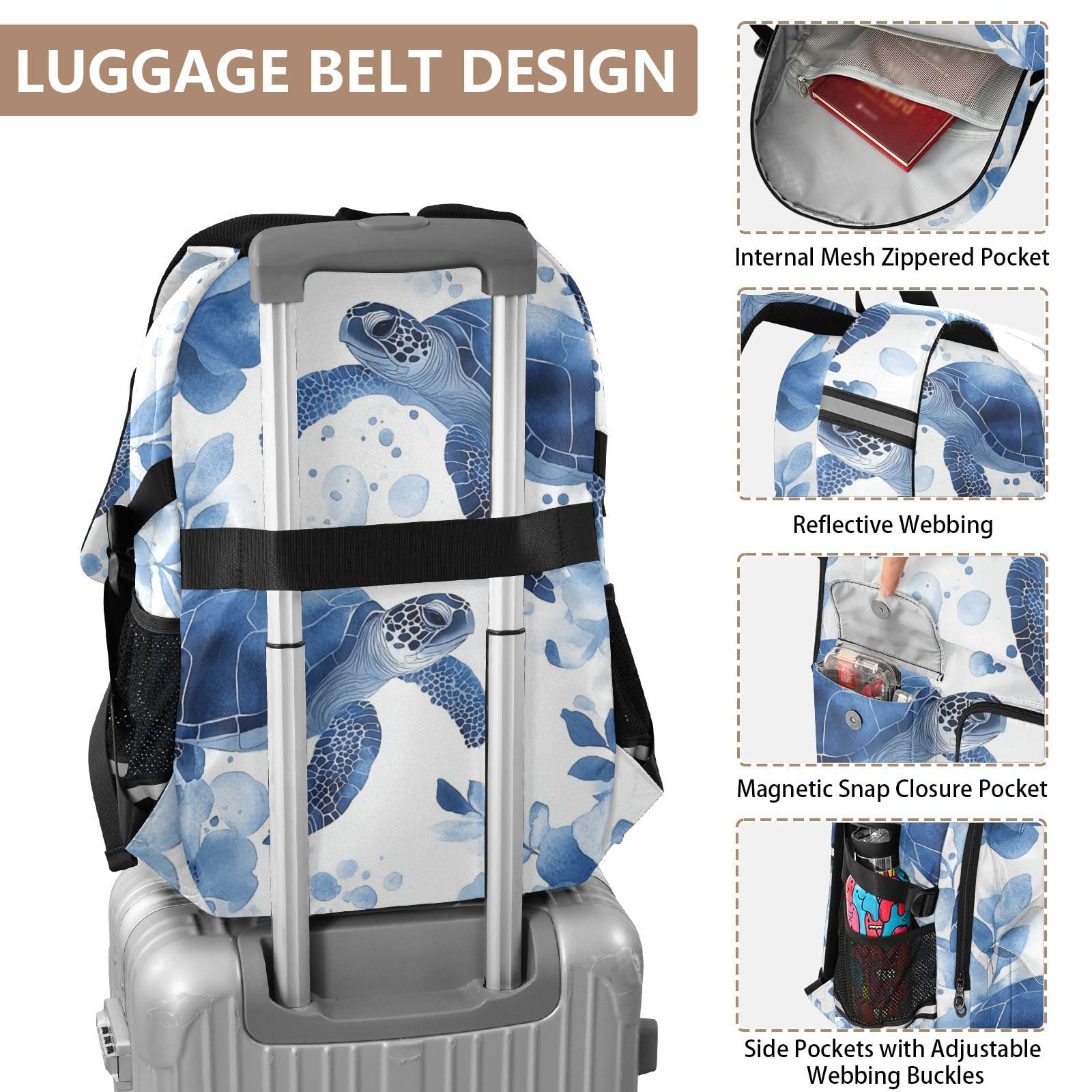 Grand sac à dos de voyage pour homme - Motif tortue bleue - 44,5 cm - Léger et décontracté