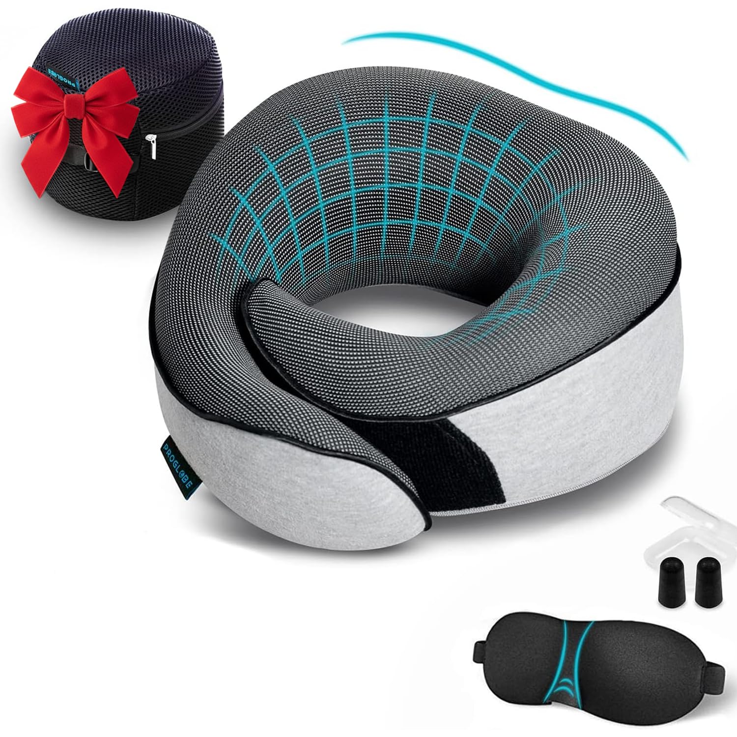 Proglobe Orthopedic Neck Pillow Travel Neck Pillows for Airplanes, Memory Foam Kit, Updated Resting Material, Airplane Travel Set with 3D Contoured Eye Masks, Earplugs, and Luxury Mesh Bag (Grey)