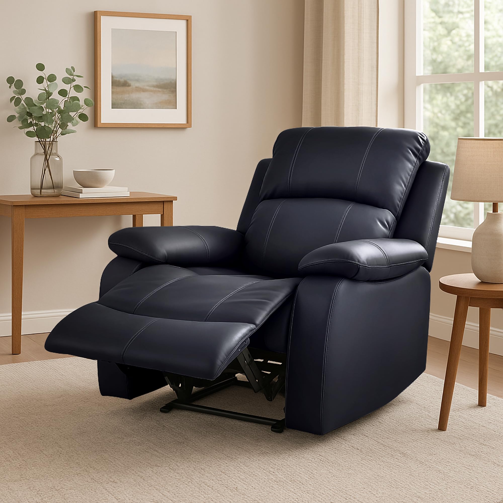 Bravich Luxury Black Bonded Leather Manual Recliner Sofa - Living Room Furniture, Lounge Chair Sofa Set for Ultimate Comfort & Elegance. Single Seater for Home (96x93x97cm)