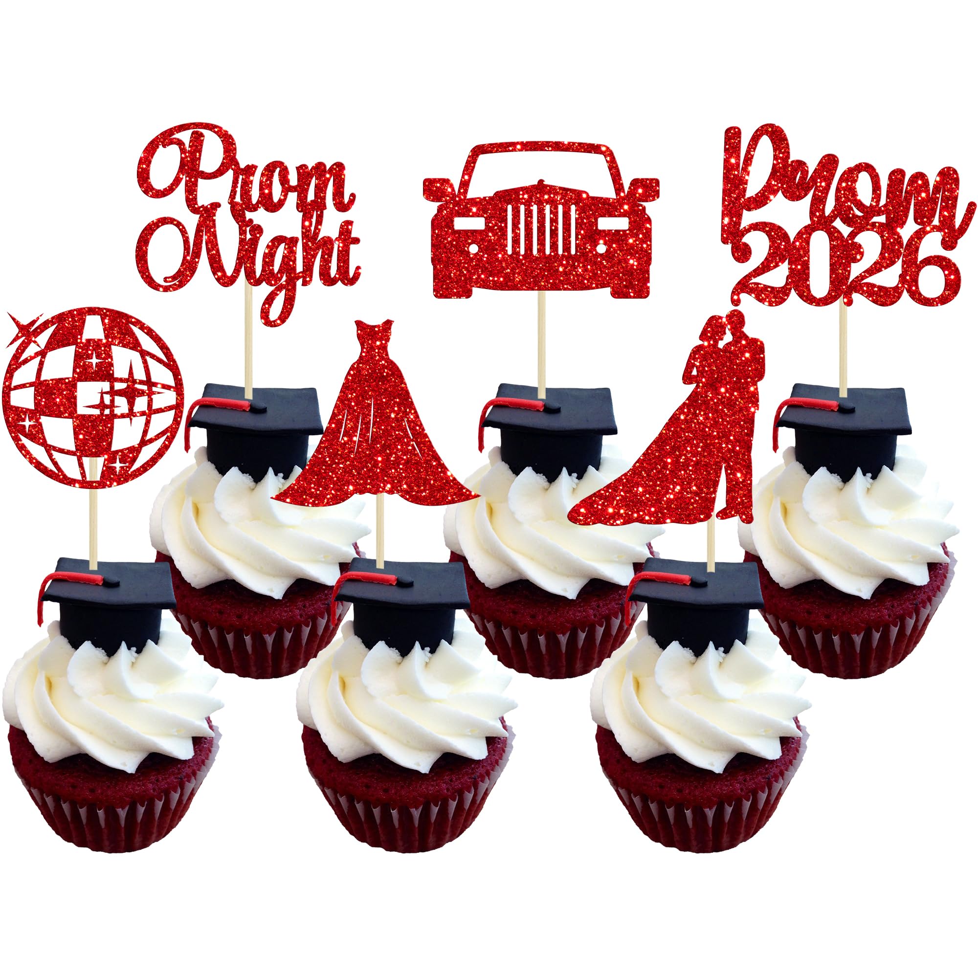 Ephlyn 24Pcs 2026 Graduation Cupcake Toppers Glitter Prom Cake Toppers 2026 Prom Cake Decorations for Class of 2026 Prom Graduation Party Decorations Supplies Red — image 1