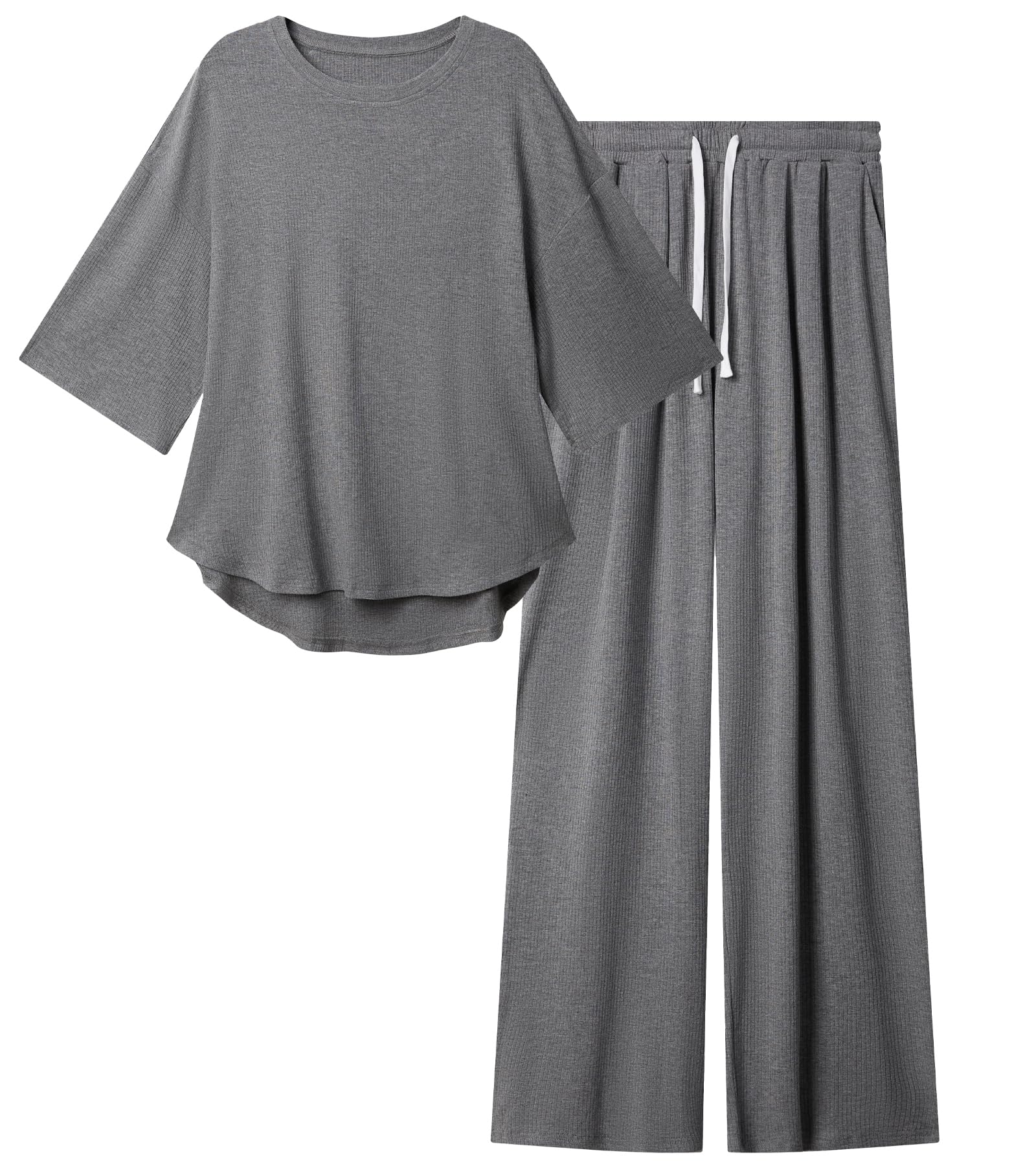 difficort Womens 2 Piece Outfits Batwing Short Sleeve Lounge Sets Wide Leg Sets Loungewear with Pockets