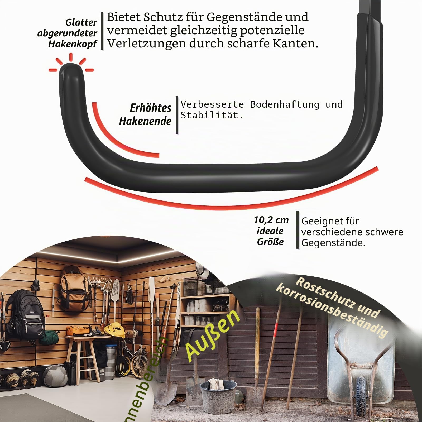 Robuste Garagenhaken, schwerlast Wandhaken, J Garage Haken zum Aufhängen, Stahl-Wandhalterung Werkstatt Organizer für Aufbewahrung, Leiter, Werkzeuge, Gartengeräte (2 Stück,10cm, 22kg)