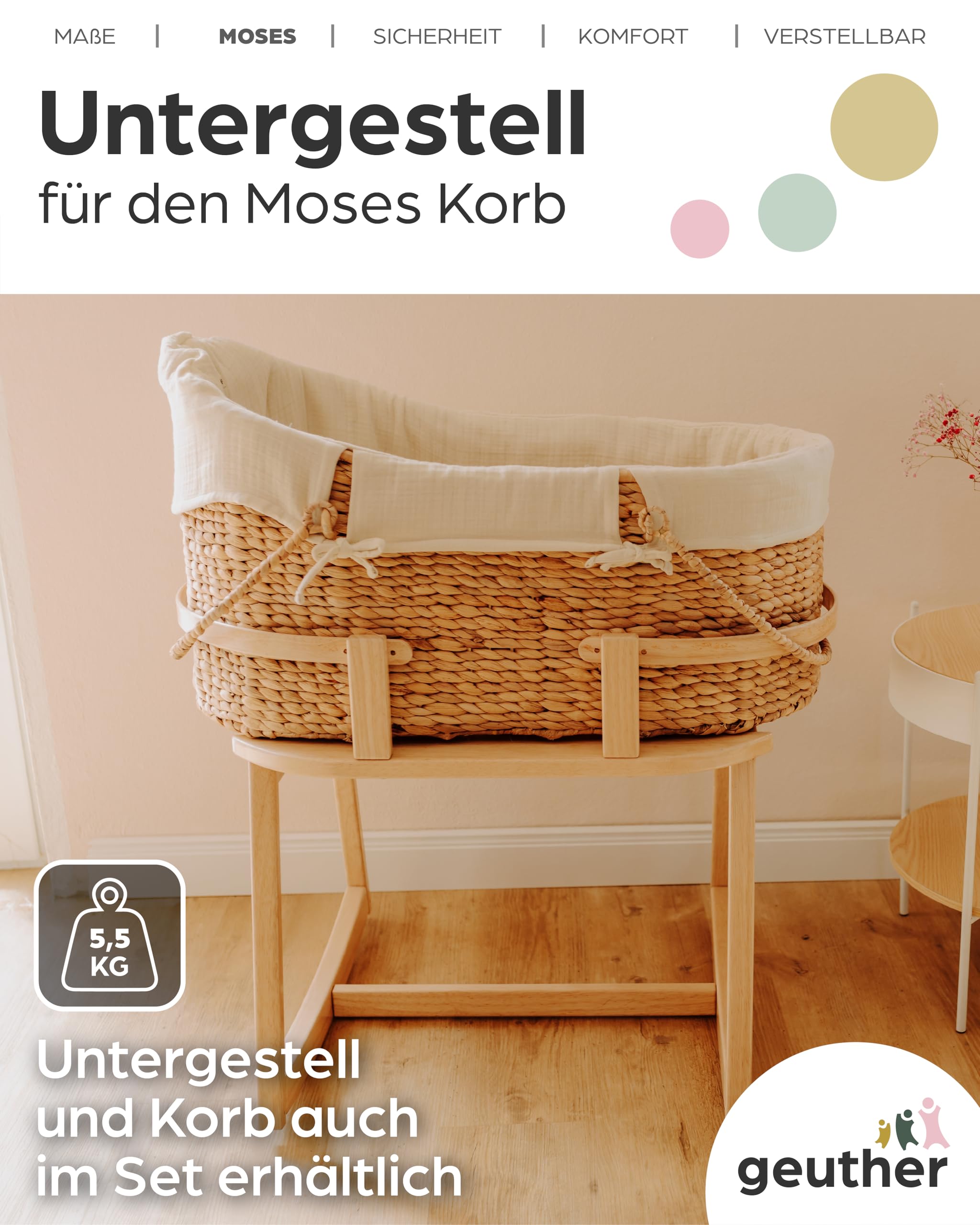 Geuther Untergestell für Moseskorb Baby | Stubenwagen mit Schaukelfunktion für Geuther Babynestchen, Baby Beistellbett | aus nachhaltigem & massivem Gummibaumholz, Baby Bett Gestell, naturfarben