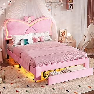 LED Full Size Bed Frame with Storage Drawer and Charging Station, Bow-Tie Upholstered Bed with Adjustable Chic Headboard, Velvet Soft Bed Frame Full Size for Kids Girl, No Box Spring Needed, Pink