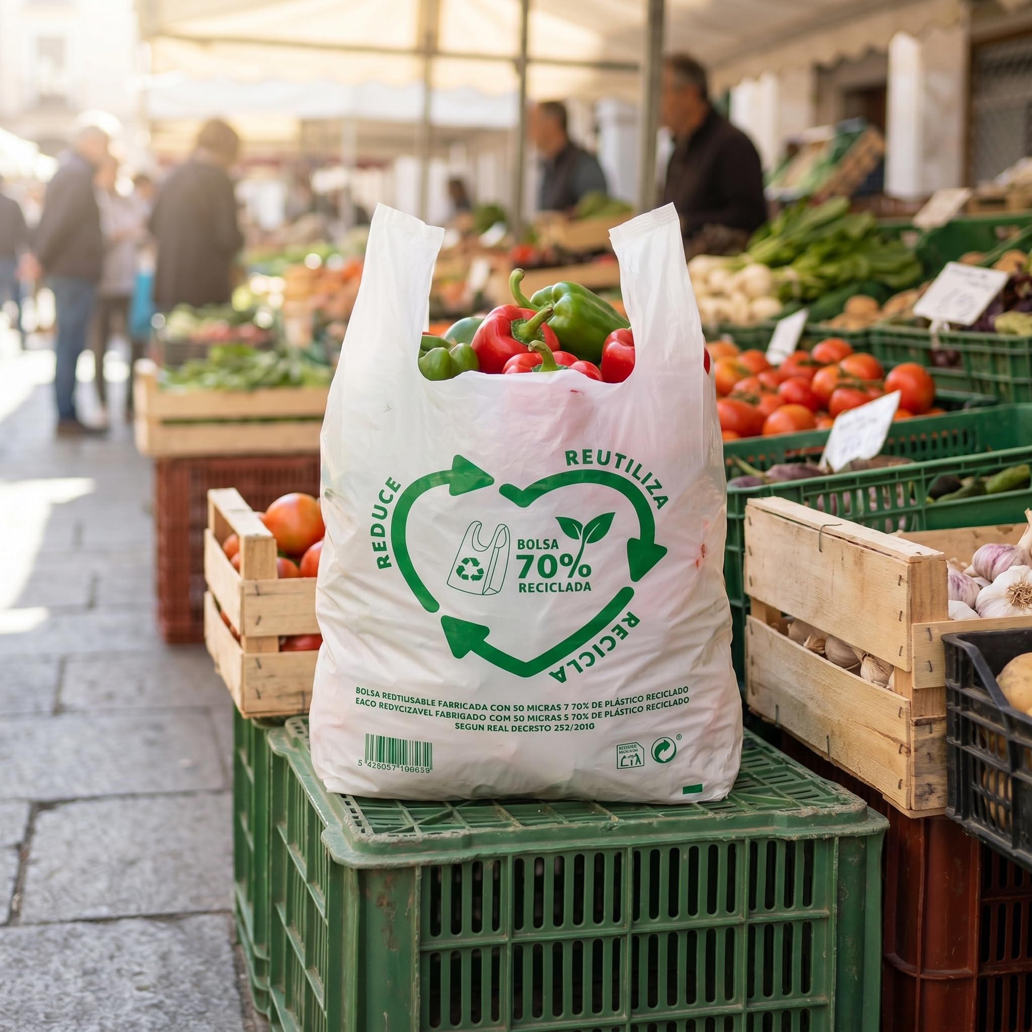 Bolsas de Plástico Asa Camiseta Blanco 50x60 cm 100 Unidades Reutilizables Resistentes 50 Micras 70% Reciclado Aptas Alimentación