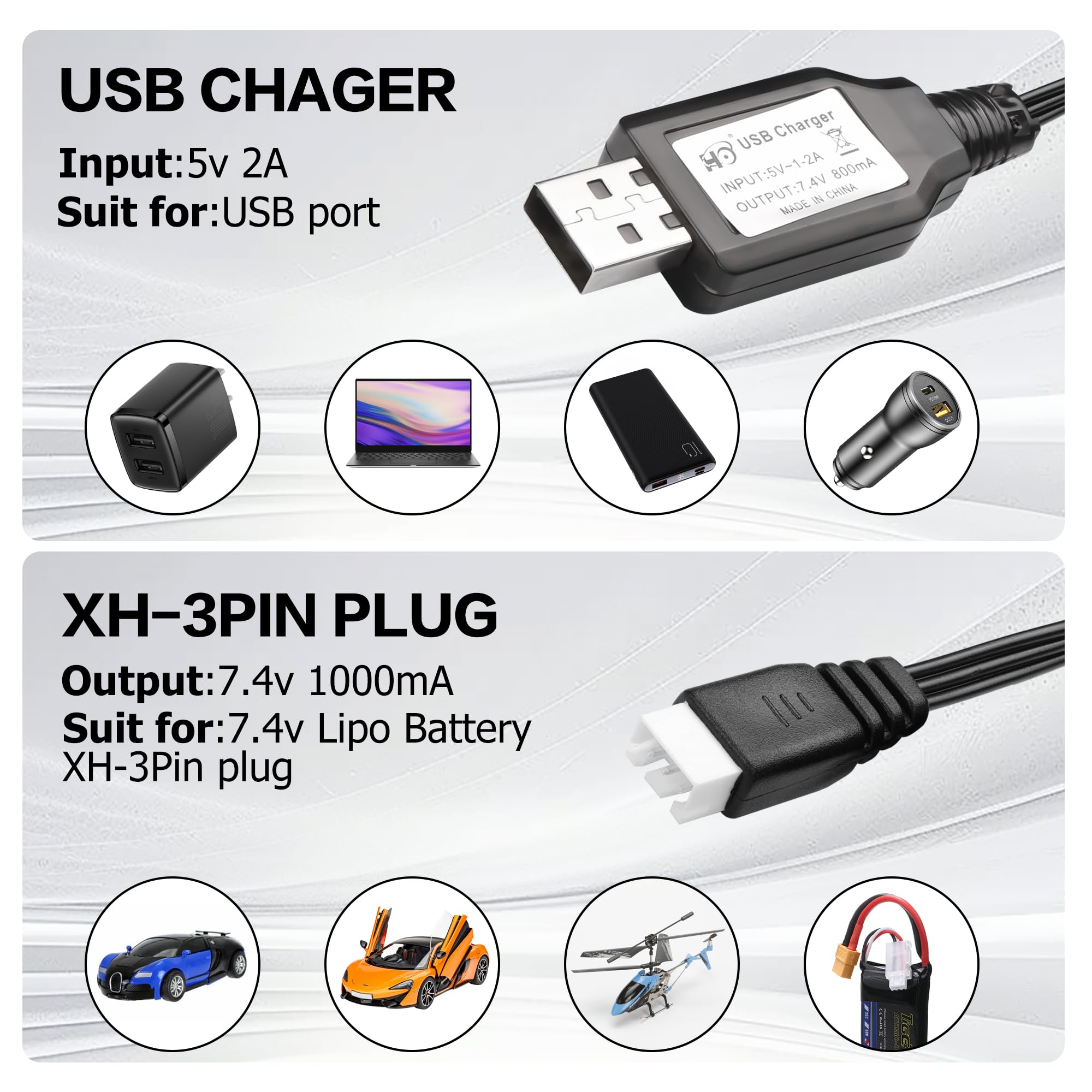 YAODHAOD Câble Charge USB 7,4V 2S LiPo Vers XH-3P – 1A Intelligent, Pour RC Car, Drone, SCX24, 9125, Quadcopter