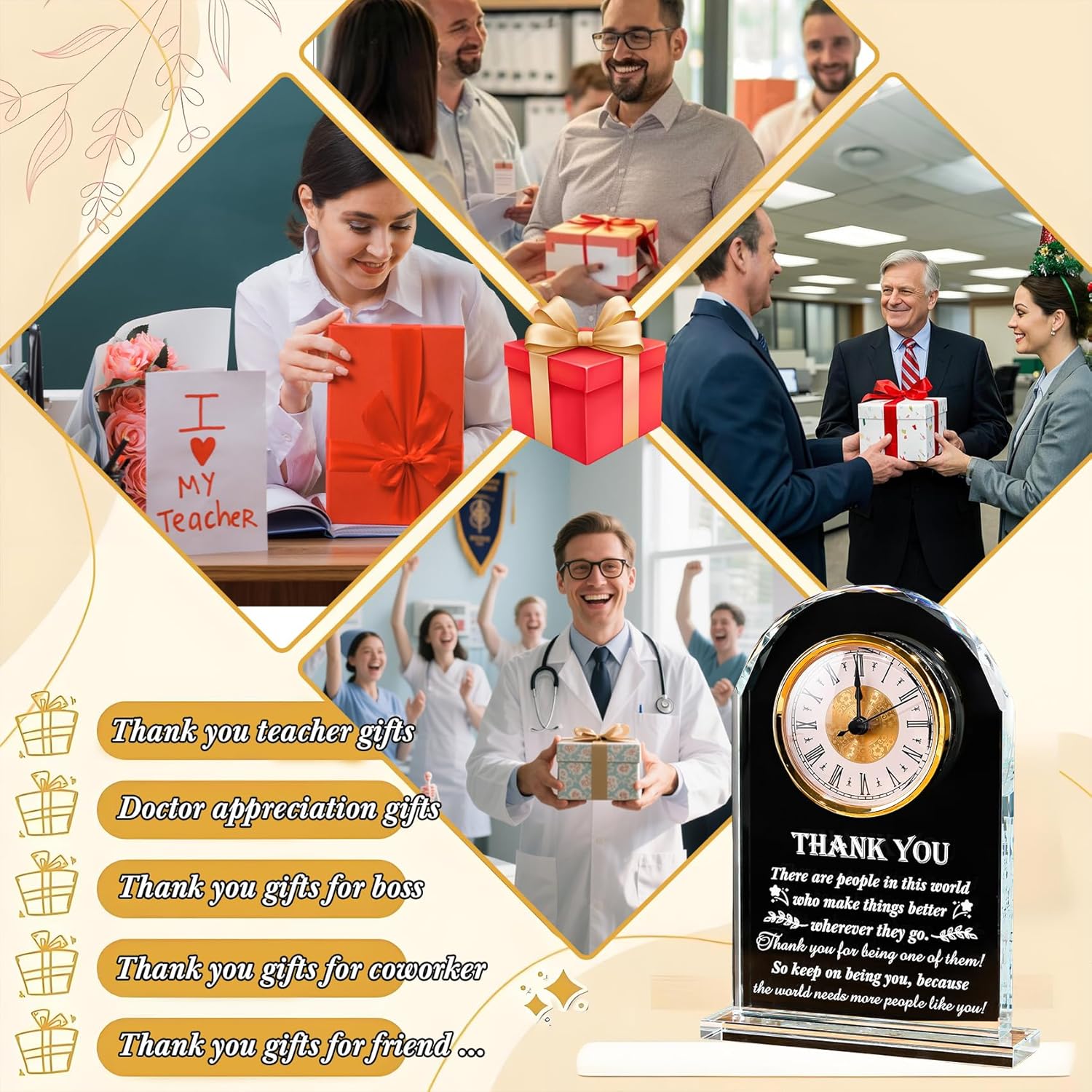 Thank You Gifts for Men Women - Appreciation Gift for Teacher Doctor Nurse Boss Coworker - Crystal Clock Inspirational Gratitude Presents for Male Leader Friends Christmas Grateful Plaque Decor - Image 5