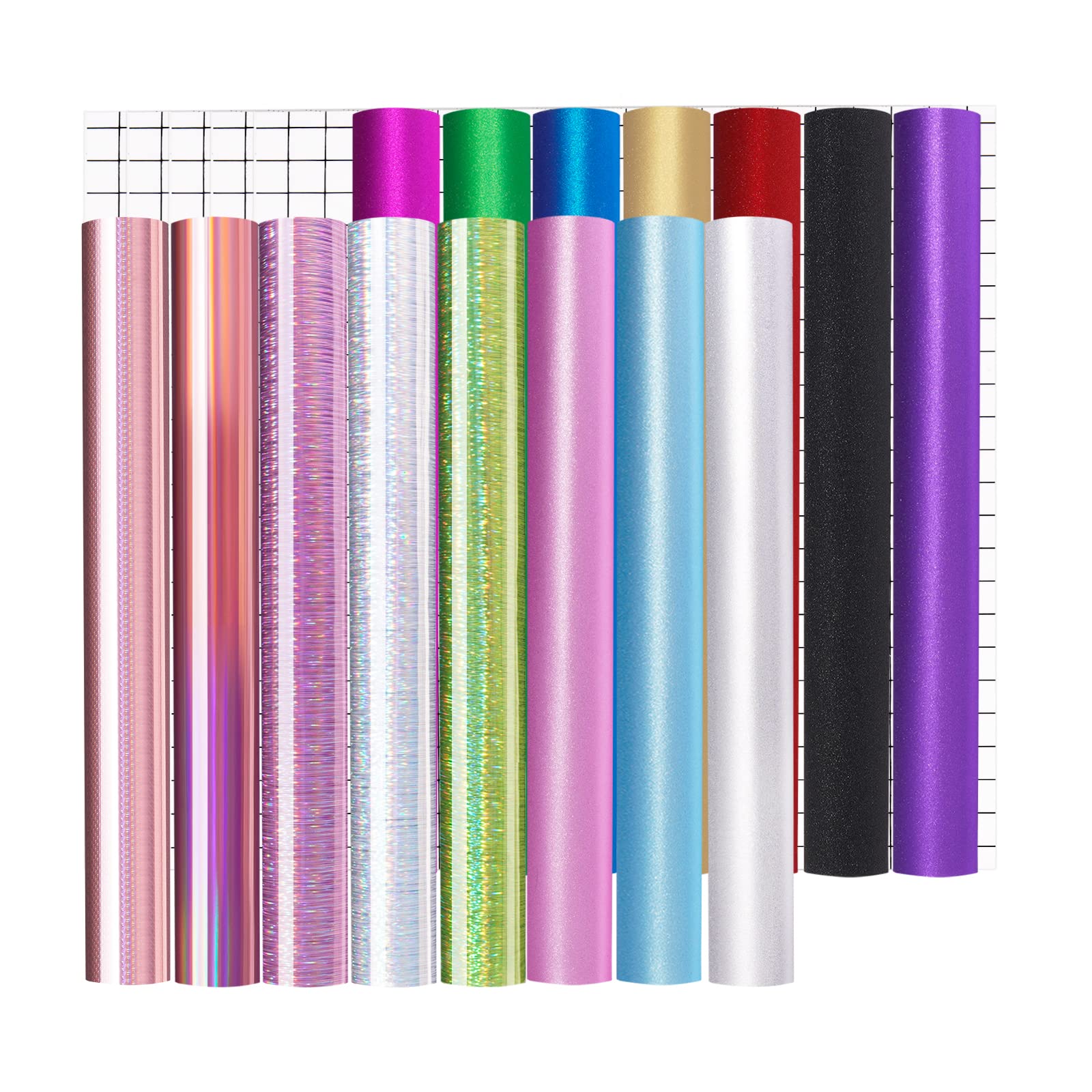 Shimmer Self-Adhesive Vinyl Bundle, 30 Pack 12"x10" Glitter Adhesive Vinyl with 5 Transfer Tapes, 15 Assorted Colors Shimmer Starlight Brushed and Holografic Rainbow Vinyl for Craft, Home Décor