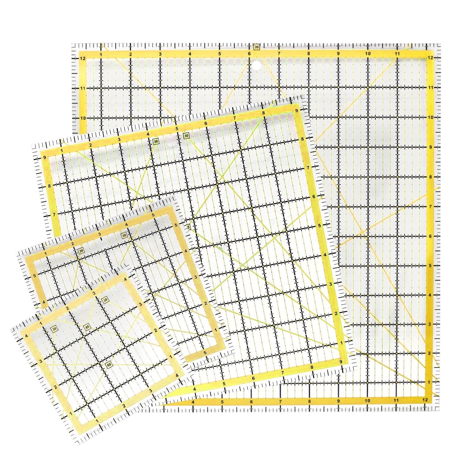 Juego de 4 plantillas de acolchado, 4 reglas cuadradas de acrílico transparente de diferentes tamaños, regla de corte de tela para proyectos de manualidades, acolchado y costura (amarillo)