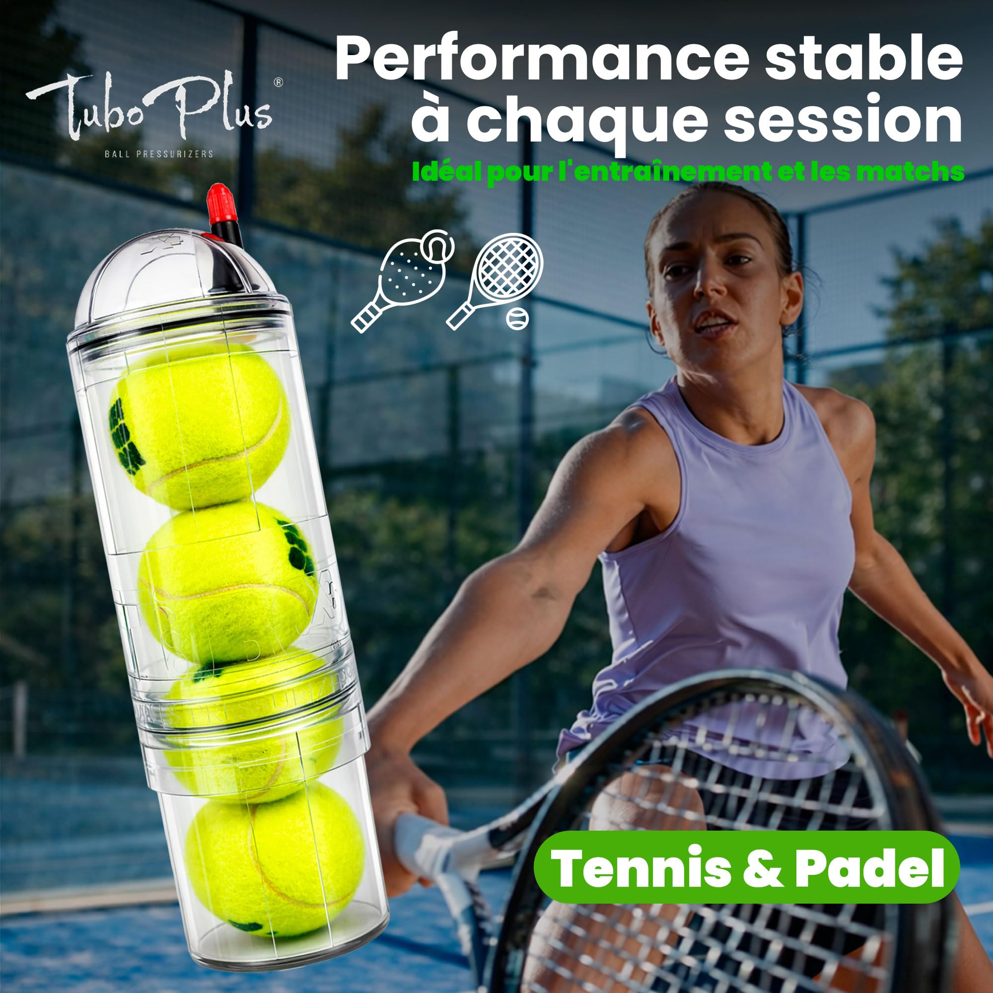 TUBOPLUS Tube pressurisateur pour balles de padel et tennis Tubox4 Crystal Compresseur pour balles Accessoires indispensables