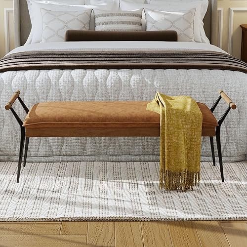 Miniatura 4 de LukeAlon Moderno banco de entrada de piel sintética, banco tapizado en el extremo de la cama con brazos, banco otomano clásico para dormitorio con