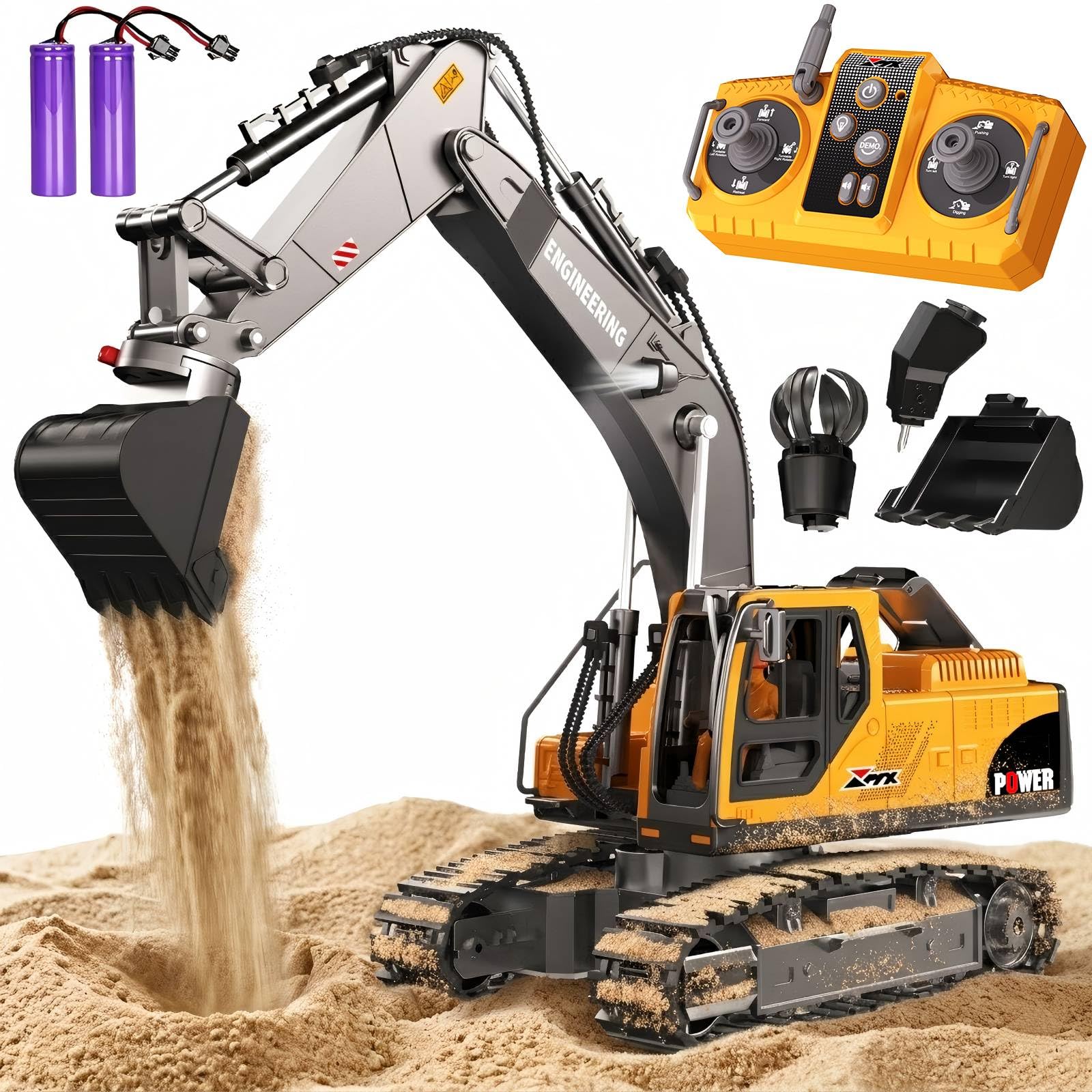 GraceDuck 3-in-1 RC Bagger Spielzeug mit Metall-Aufsätzen - 2,4GHz Ferngesteuerter Bagger für Sandkasten & Outdoor, 680° Drehbarer Spielzeug Bagger, Sandspielzeug Geschenk für Kinder ab 6-12 Jahren